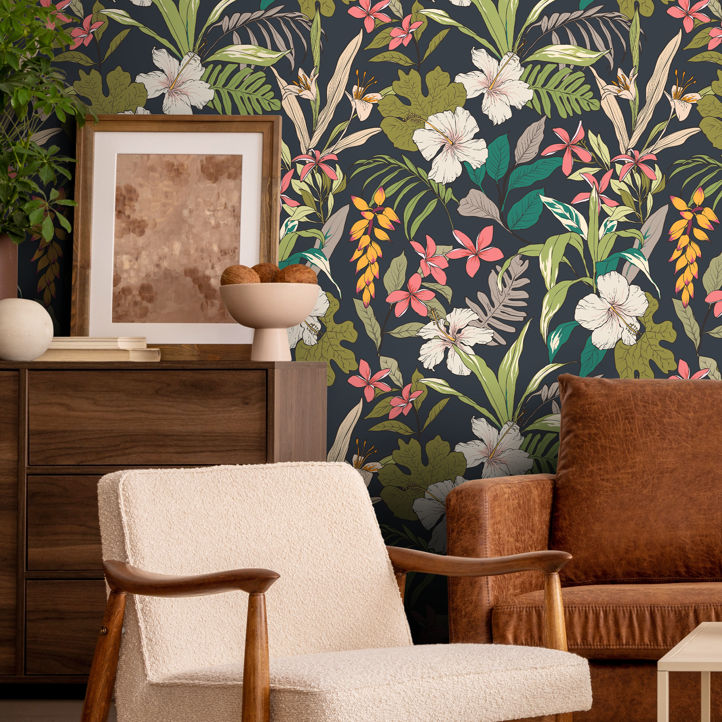 Tropical Wallpaper With Hibiscus Flowers In Dark Blue, Green, And Pink - B284