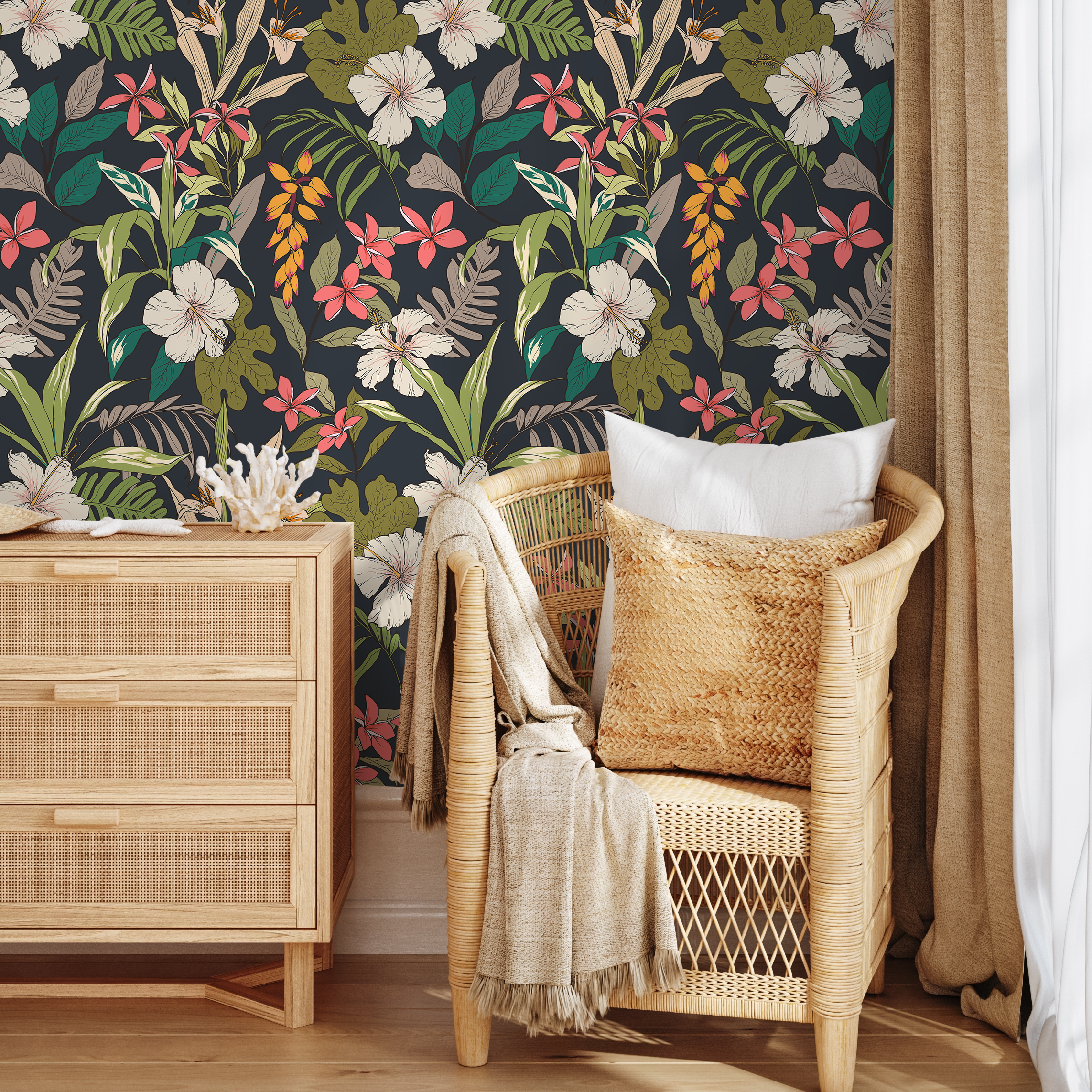 Tropical Wallpaper With Hibiscus Flowers In Dark Blue, Green, And Pink - B284