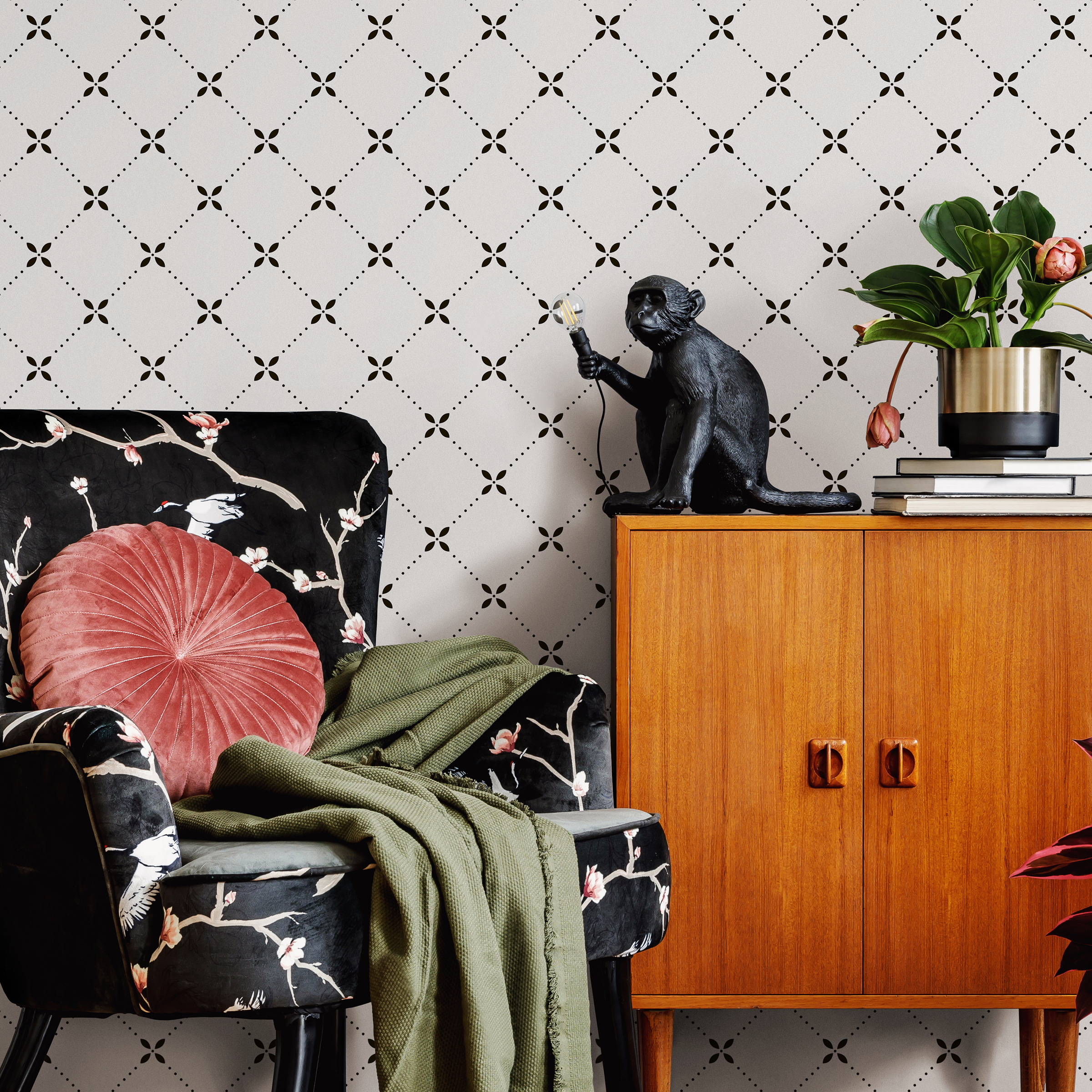 Geometric Wallpaper With A Dotted Trellis Motif In Black - B293