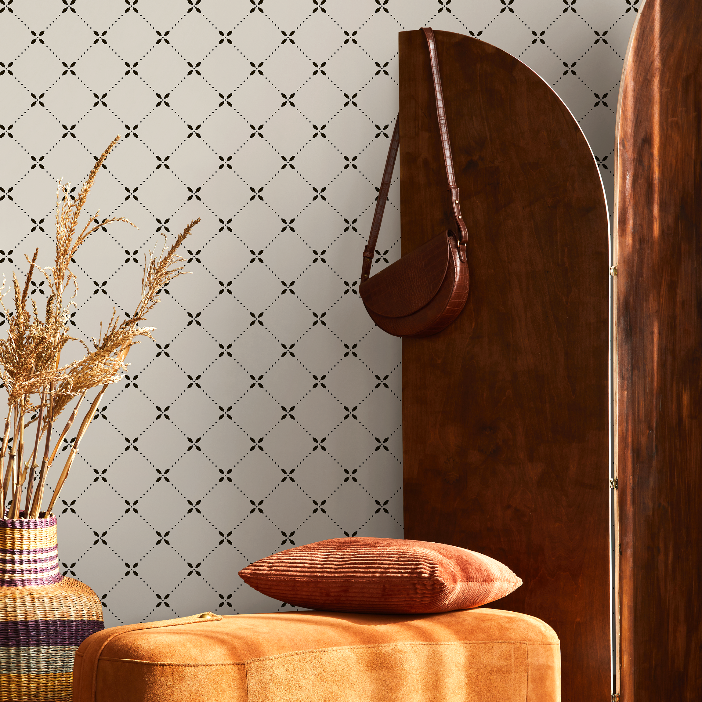 Scandinavian Wallpaper With A Minimalist Floral Lattice In Black - B294