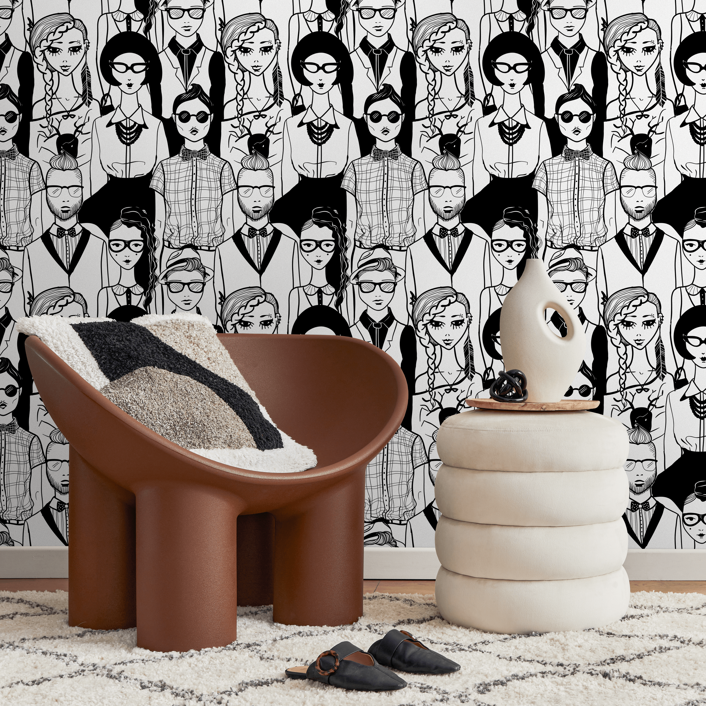 Scandinavian Wallpaper With A Crowd Of Illustrated Faces In Black And White - B295