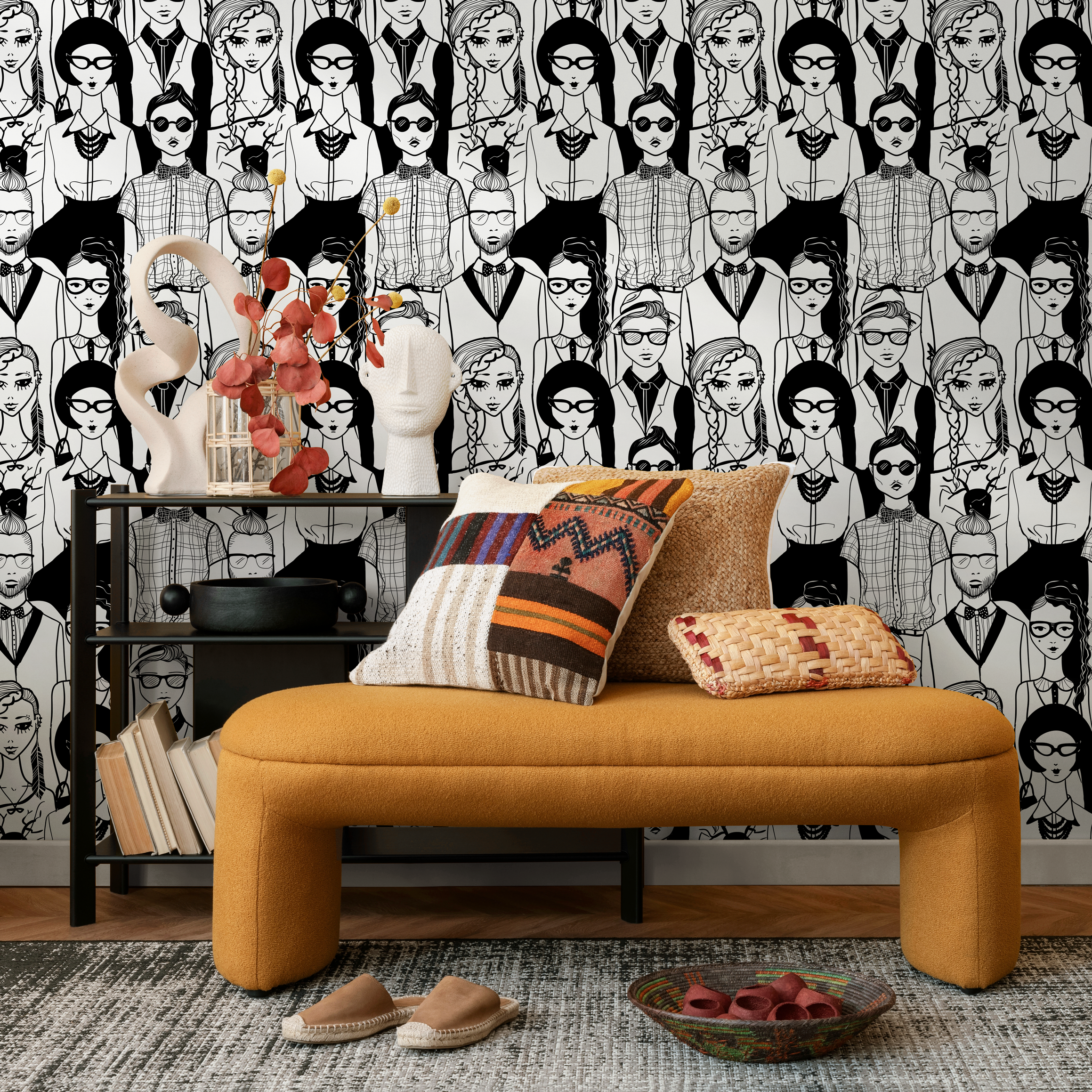Scandinavian Wallpaper With A Crowd Of Illustrated Faces In Black And White - B295