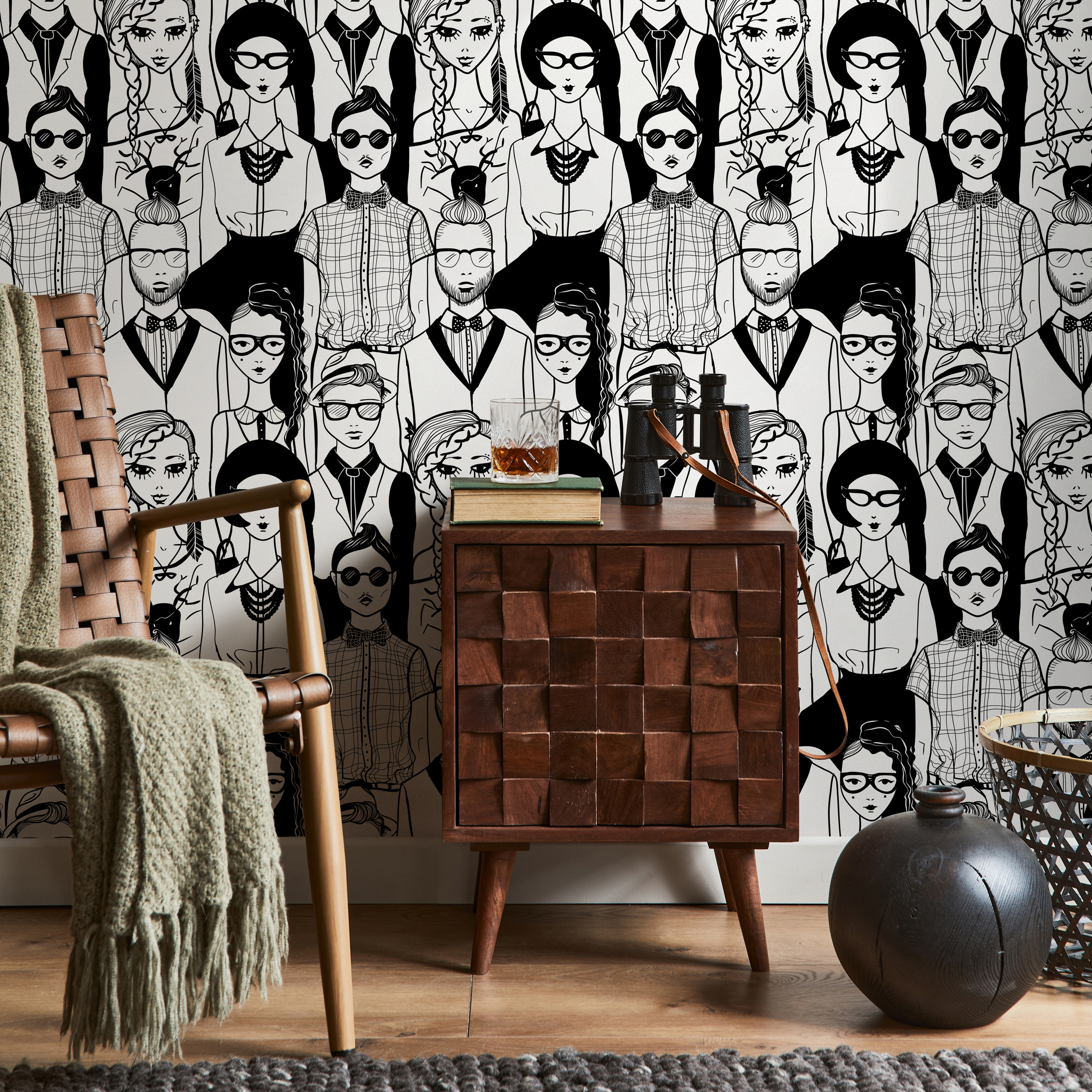 Scandinavian Wallpaper With A Crowd Of Illustrated Faces In Black And White - B295