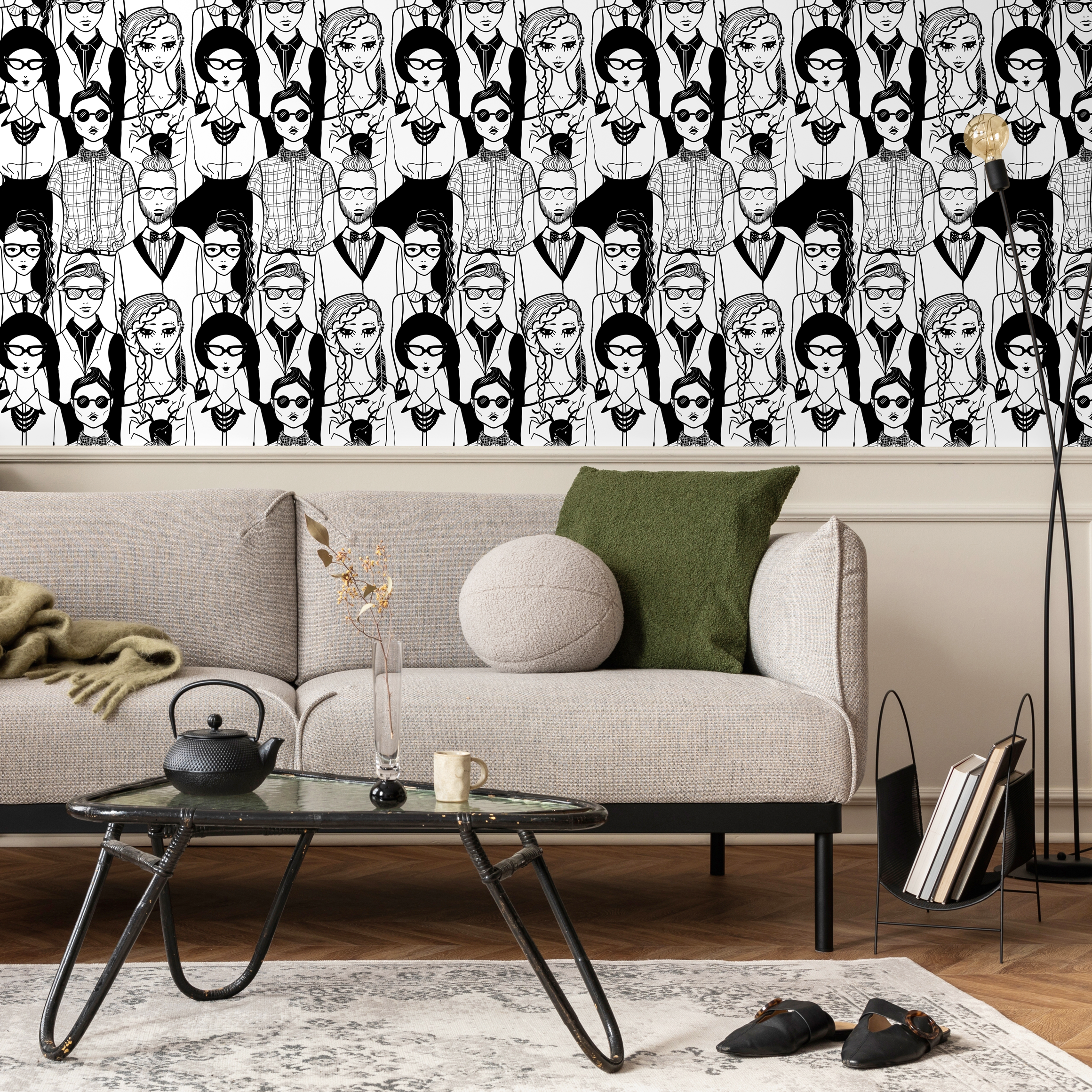 Scandinavian Wallpaper With A Crowd Of Illustrated Faces In Black And White - B295