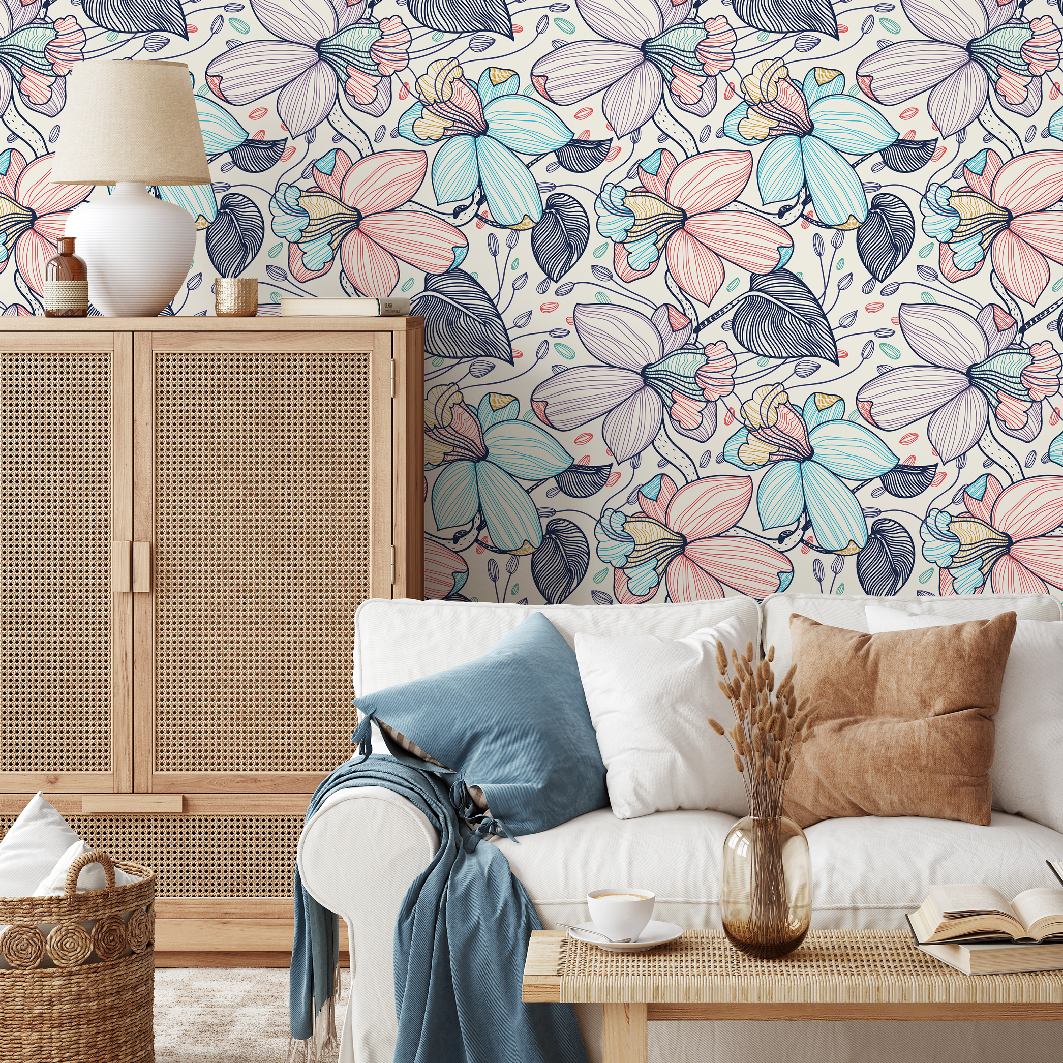 Floral Wallpaper With Stylized Line Art Blooms In Blue, Pink, And Navy - B297