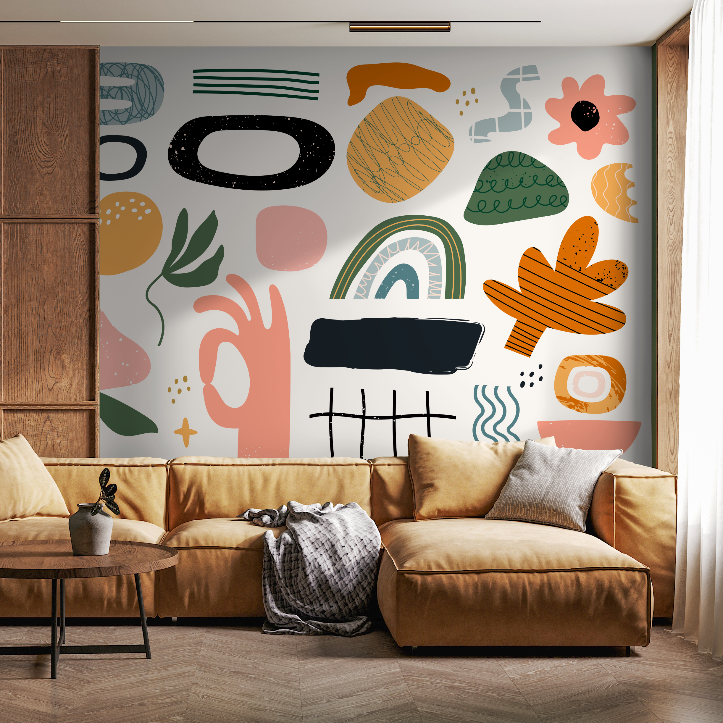 Abstract Wallpaper With Scandinavian Doodles And Shapes In Black, Orange, And Green - B302
