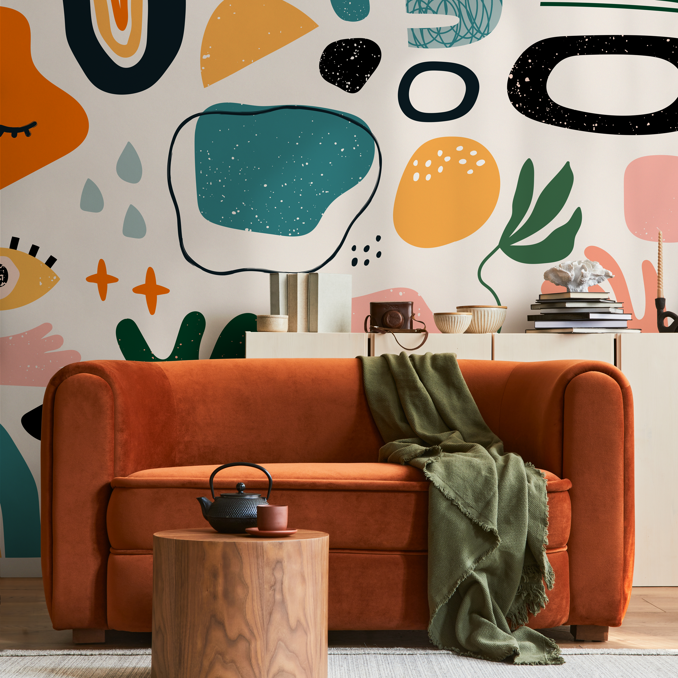 Abstract Wallpaper With Scandinavian Doodles And Shapes In Black, Orange, And Green - B302