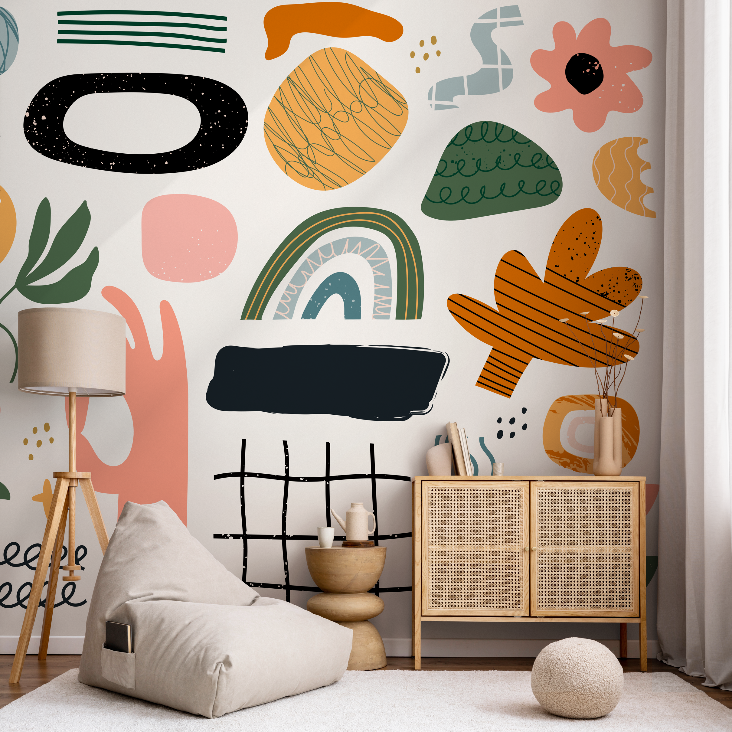 Abstract Wallpaper With Scandinavian Doodles And Shapes In Black, Orange, And Green - B302