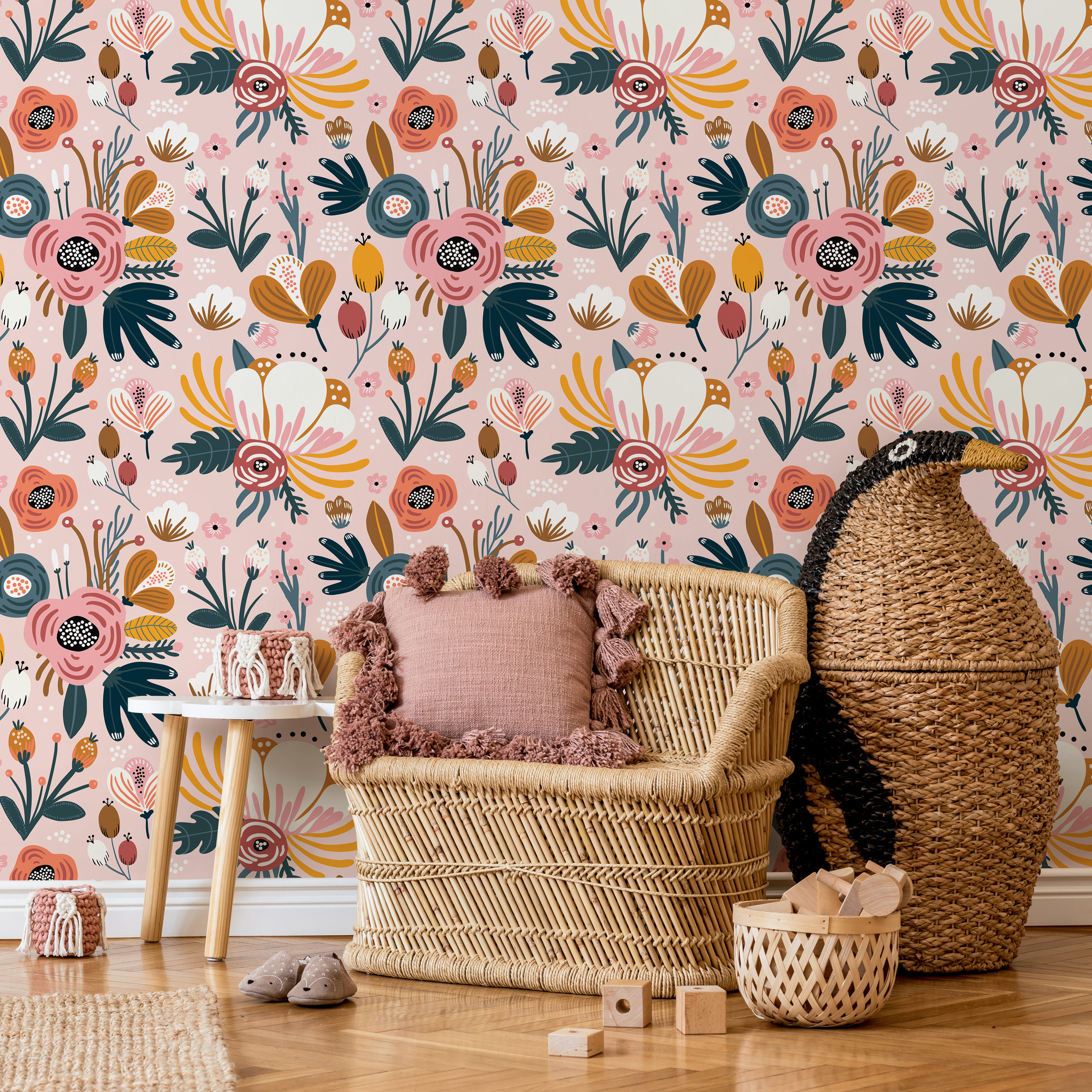 Scandinavian Wallpaper With Folk Art Florals In Pink, Yellow, And Teal - B303