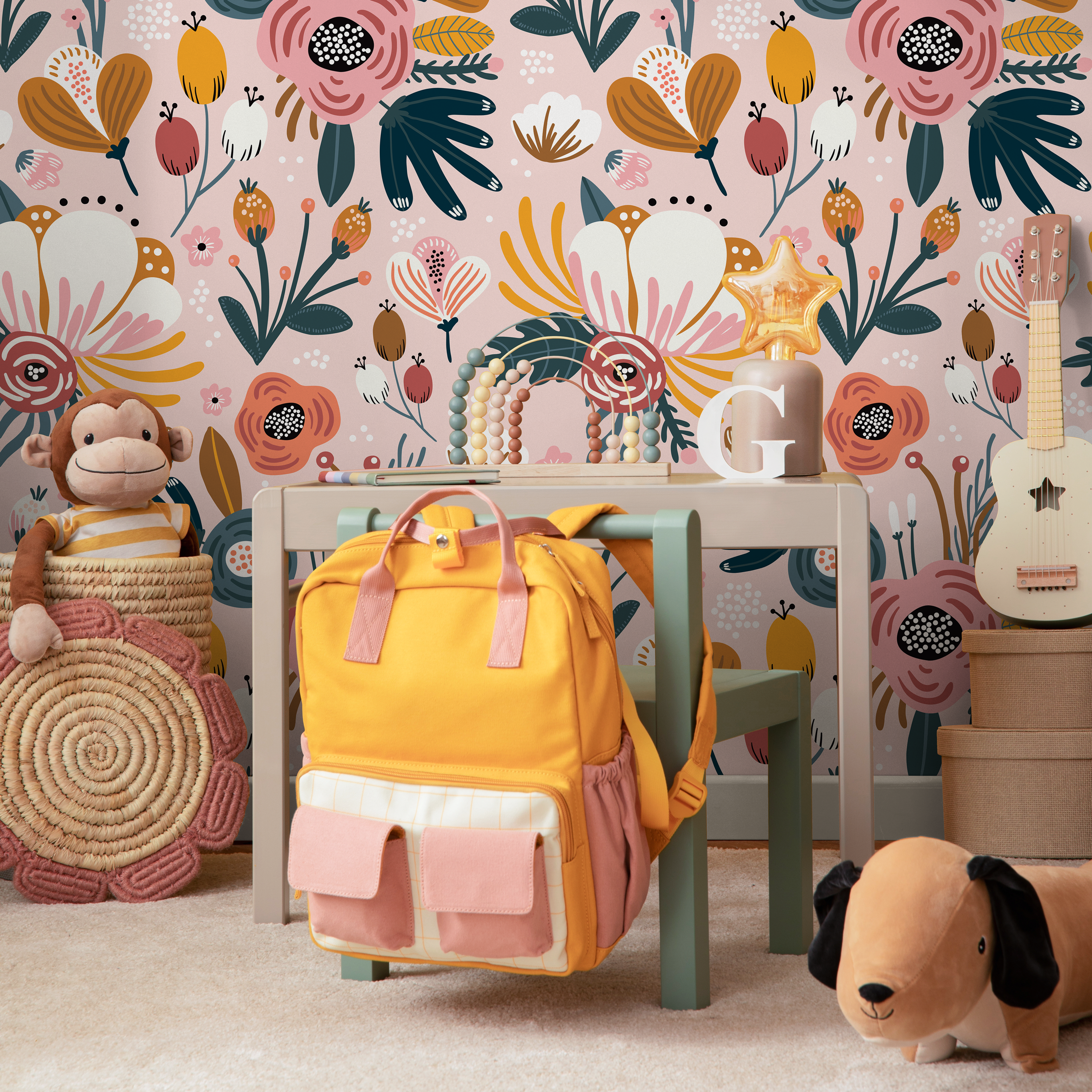 Scandinavian Wallpaper With Folk Art Florals In Pink, Yellow, And Teal - B303
