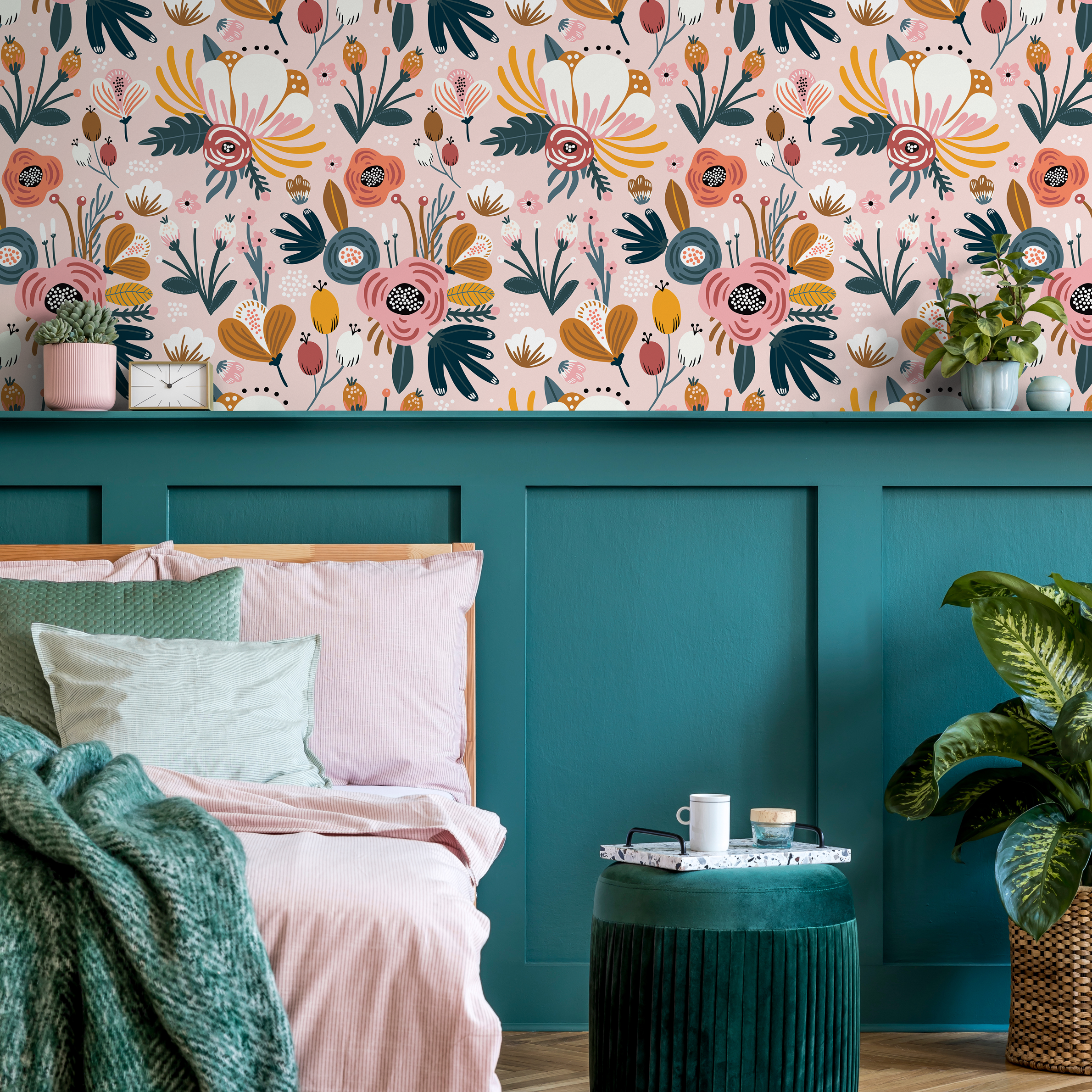 Scandinavian Wallpaper With Folk Art Florals In Pink, Yellow, And Teal - B303