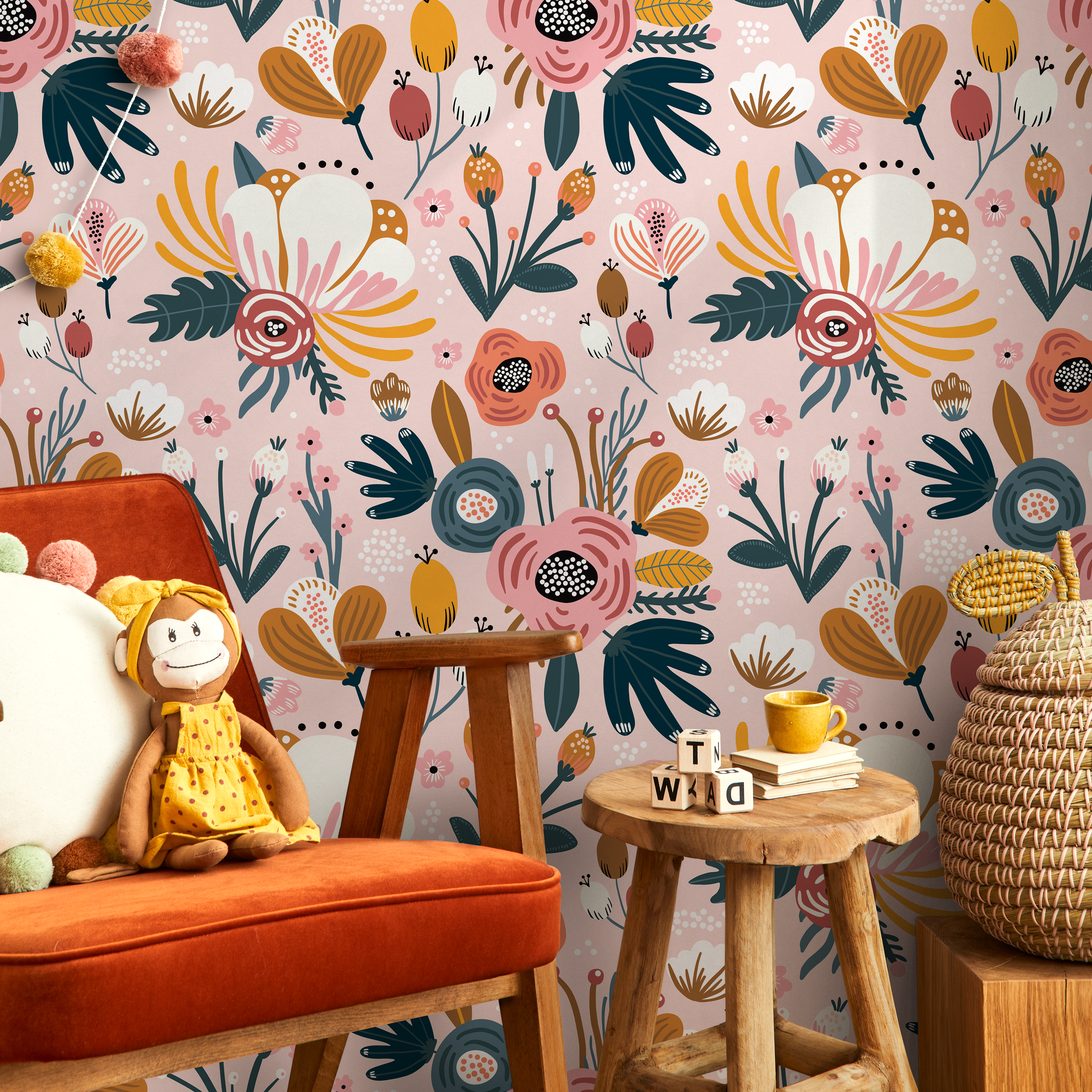 Scandinavian Wallpaper With Folk Art Florals In Pink, Yellow, And Teal - B303