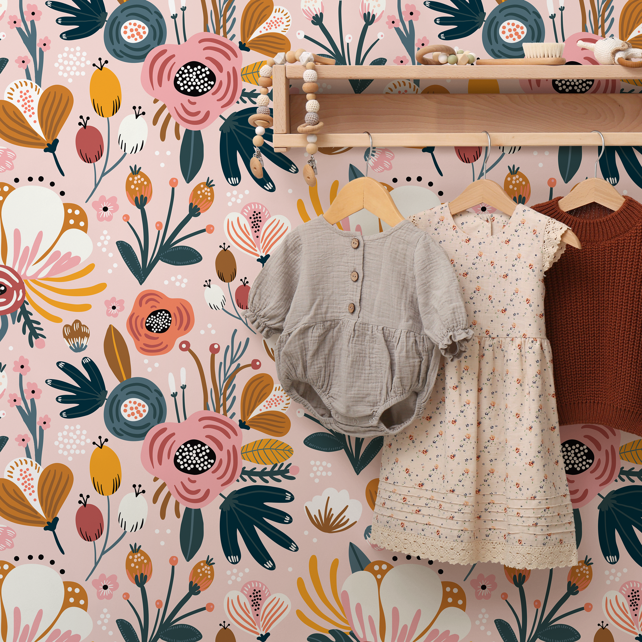 Scandinavian Wallpaper With Folk Art Florals In Pink, Yellow, And Teal - B303