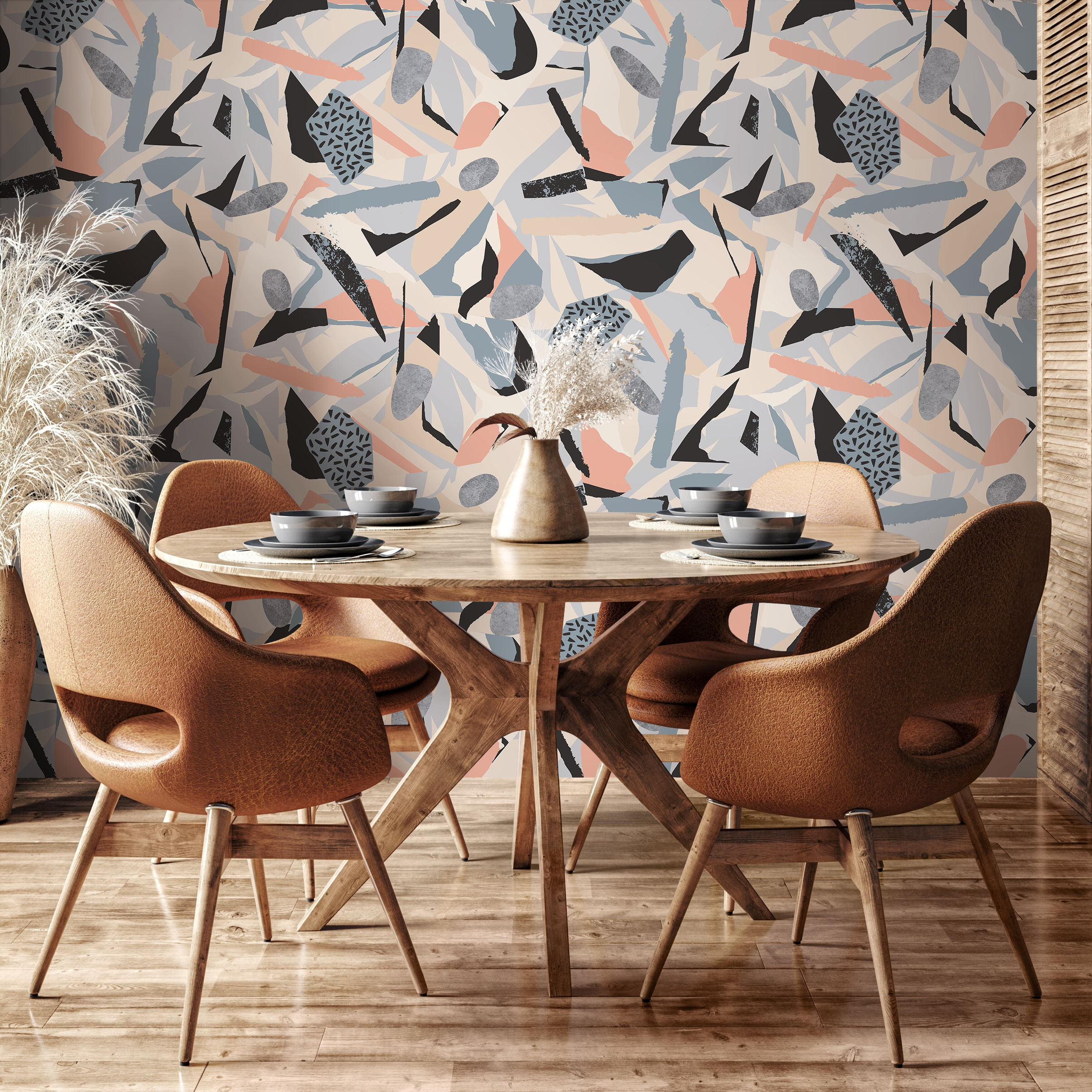 Abstract Wallpaper With A Torn Paper Collage In Beige, Blue, And Black - B305