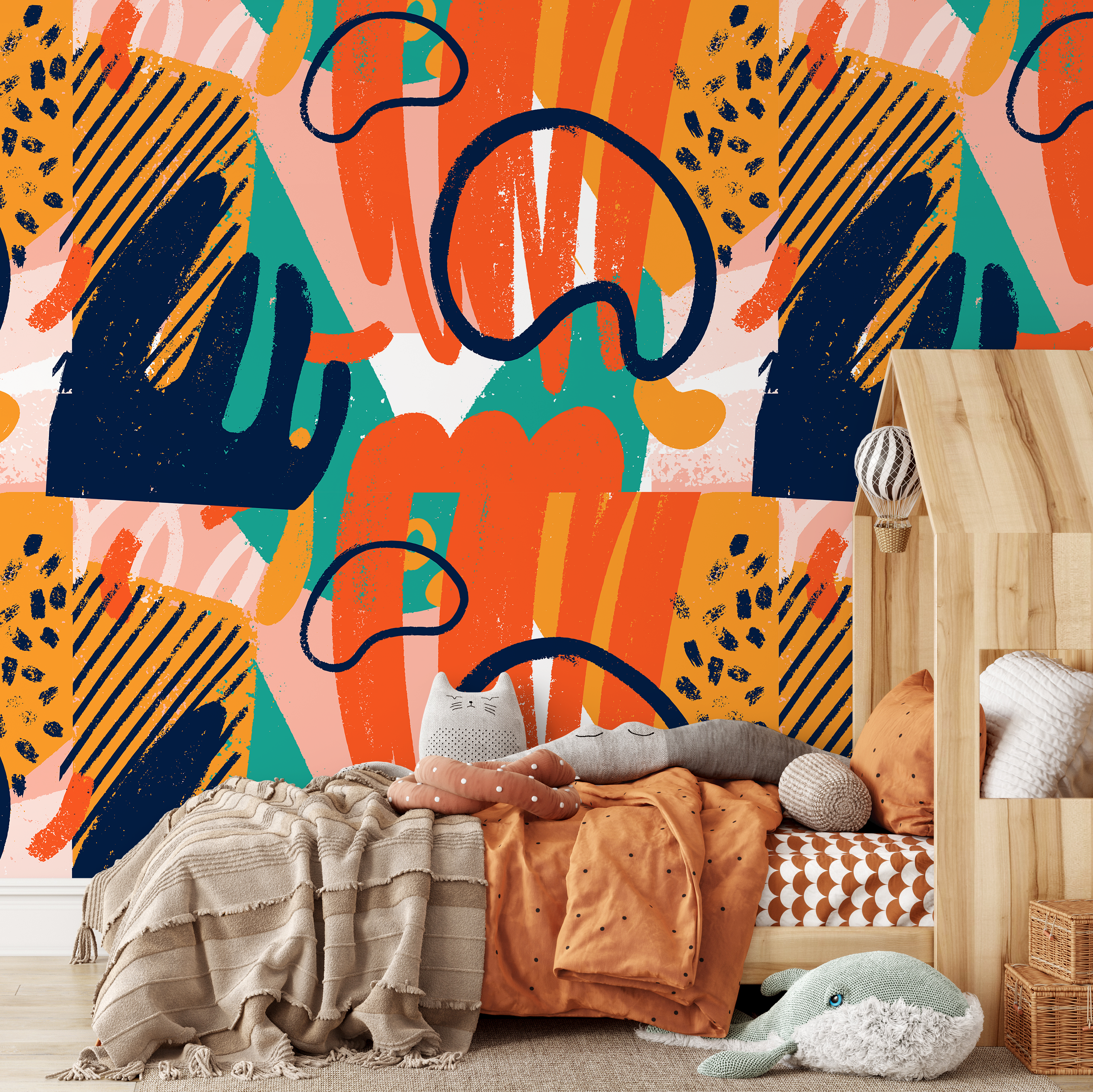 Abstract Wallpaper With Bold Brushstrokes In Navy Blue, Orange, And Yellow - B306