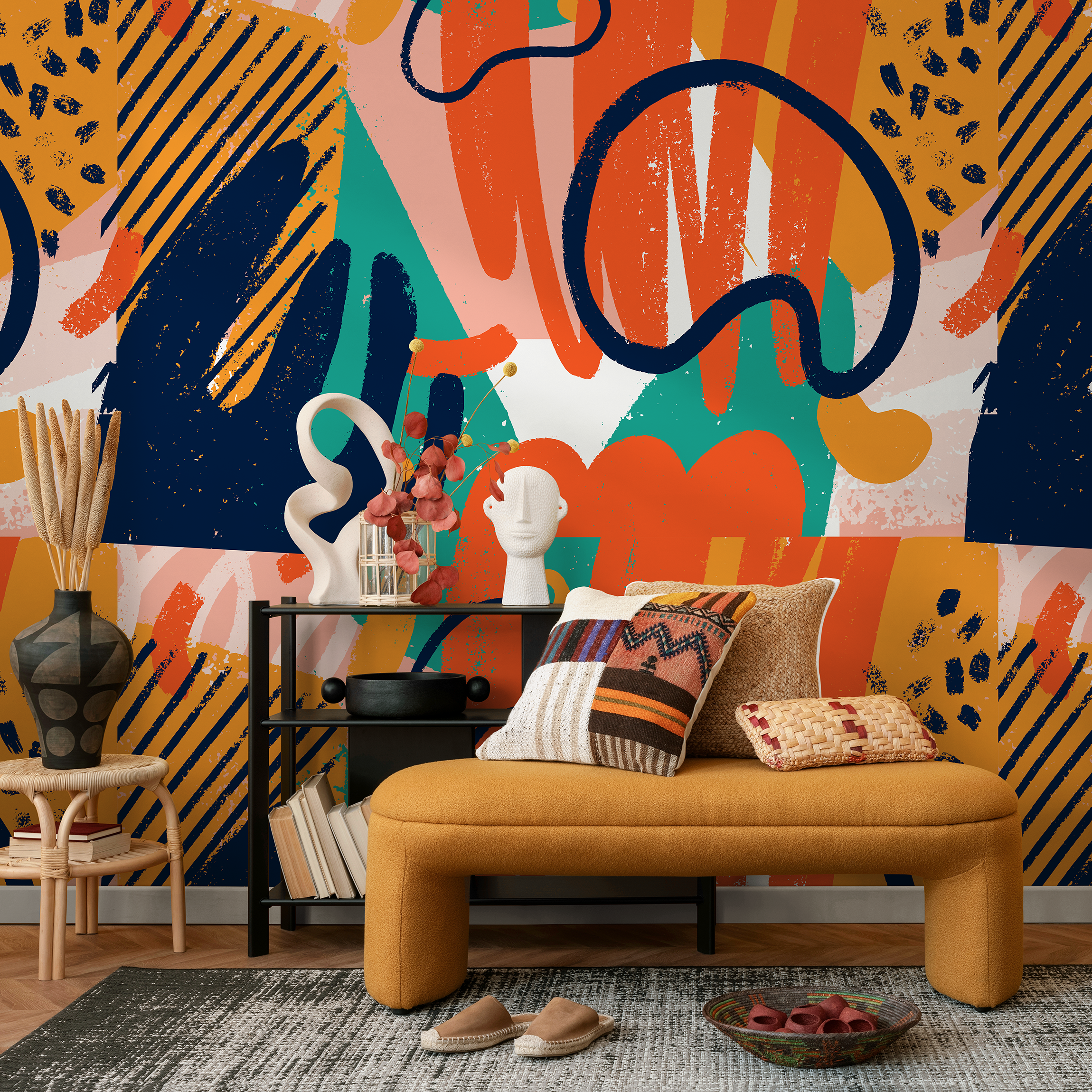 Abstract Wallpaper With Bold Brushstrokes In Navy Blue, Orange, And Yellow - B306
