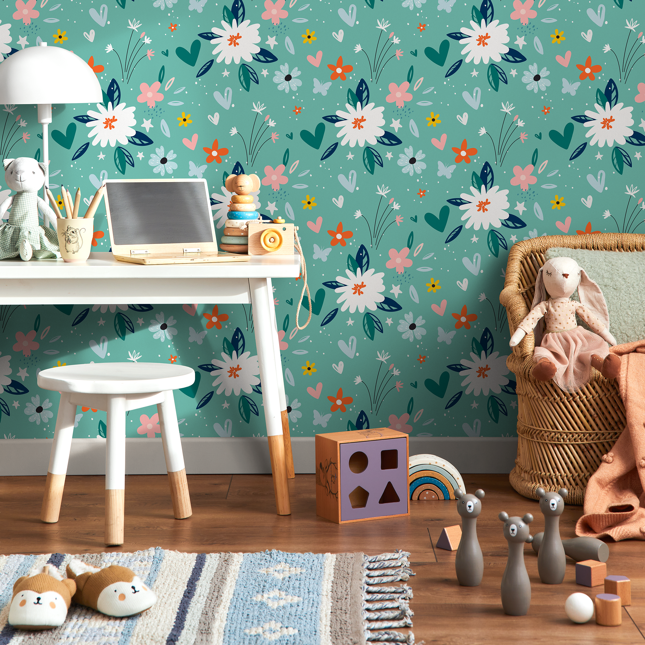 Floral Wallpaper With A Whimsical Meadow Motif In Teal, White, And Pink - B307