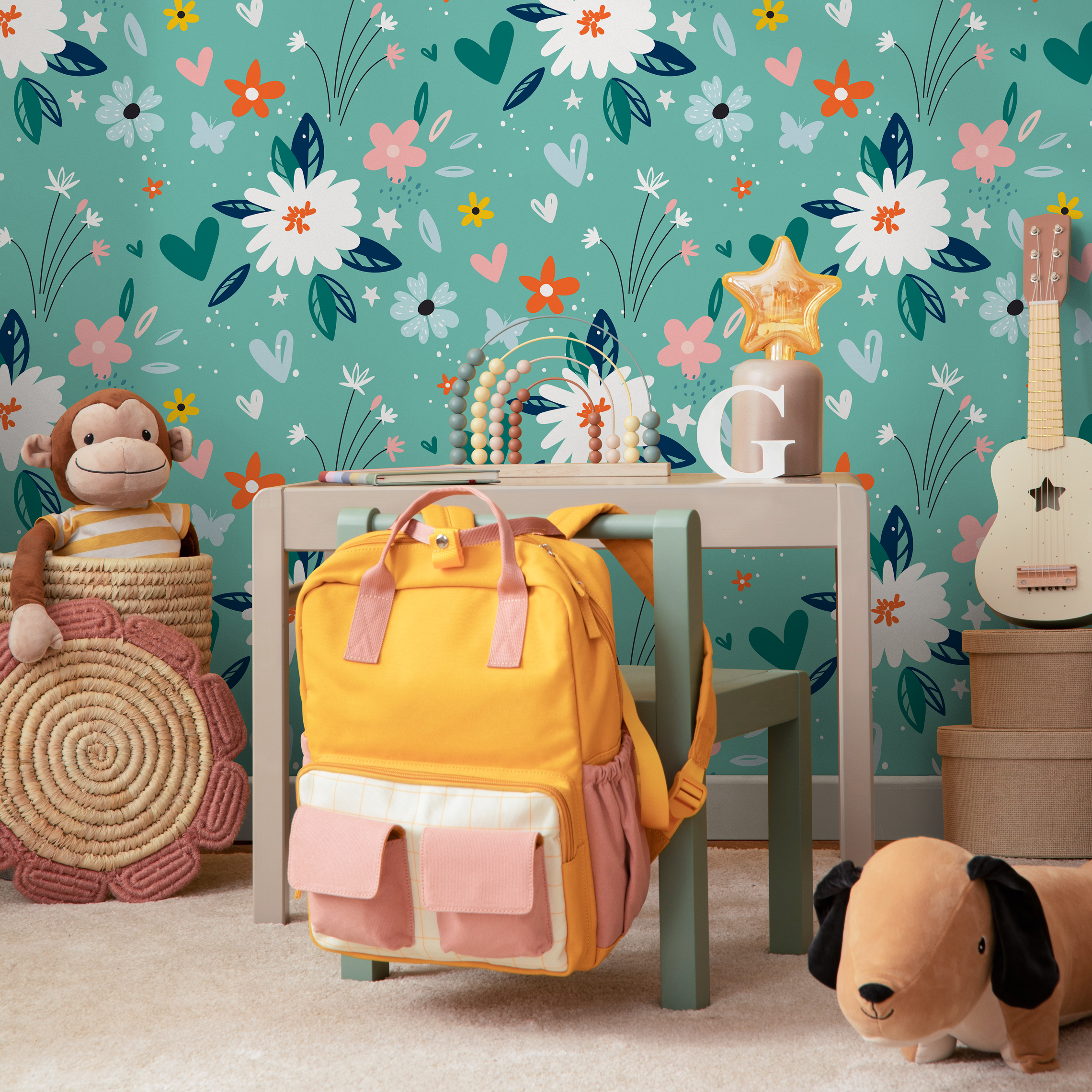 Floral Wallpaper With A Whimsical Meadow Motif In Teal, White, And Pink - B307
