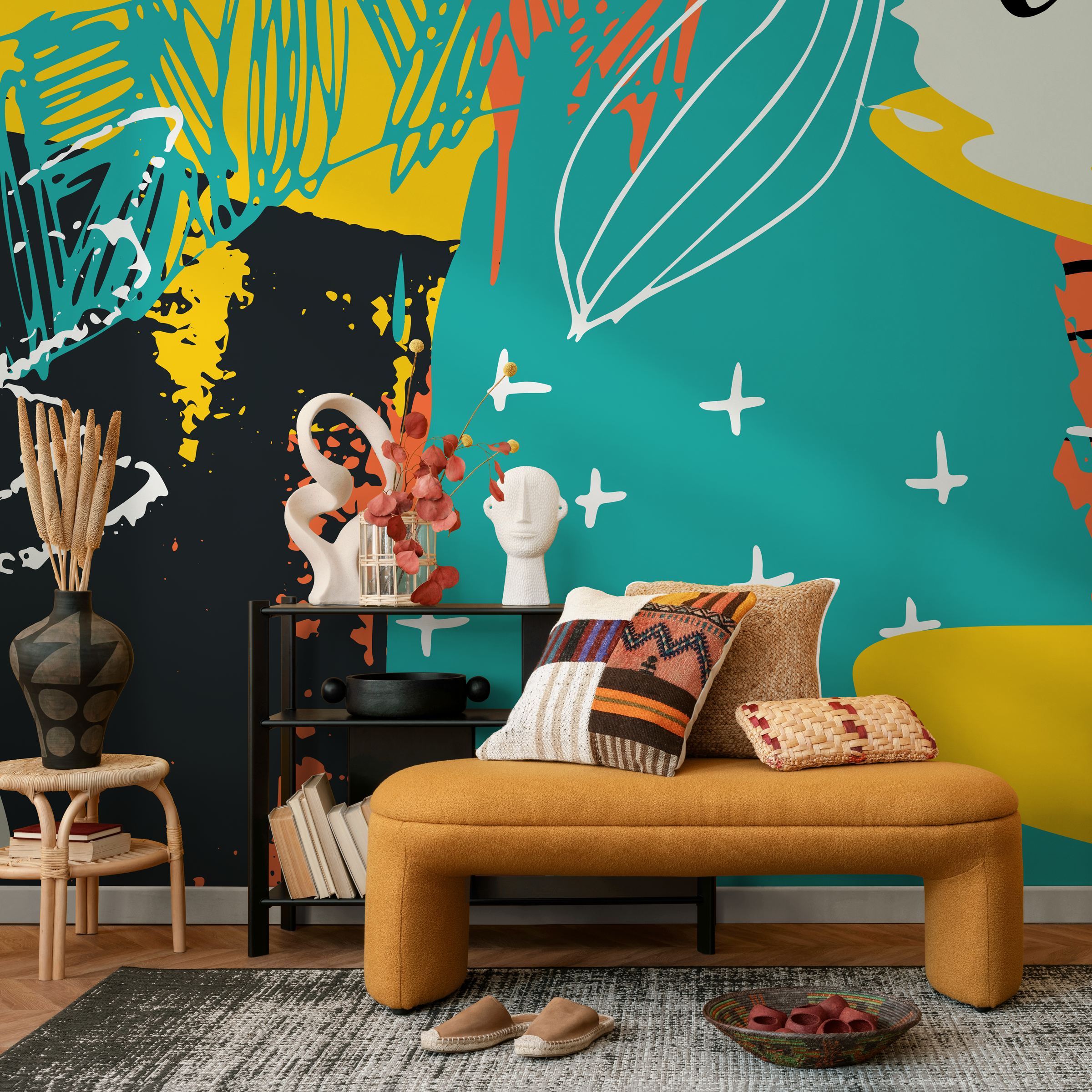 Abstract Wallpaper With Bold Shapes And Scribbles In Teal, Yellow, And Black - B309