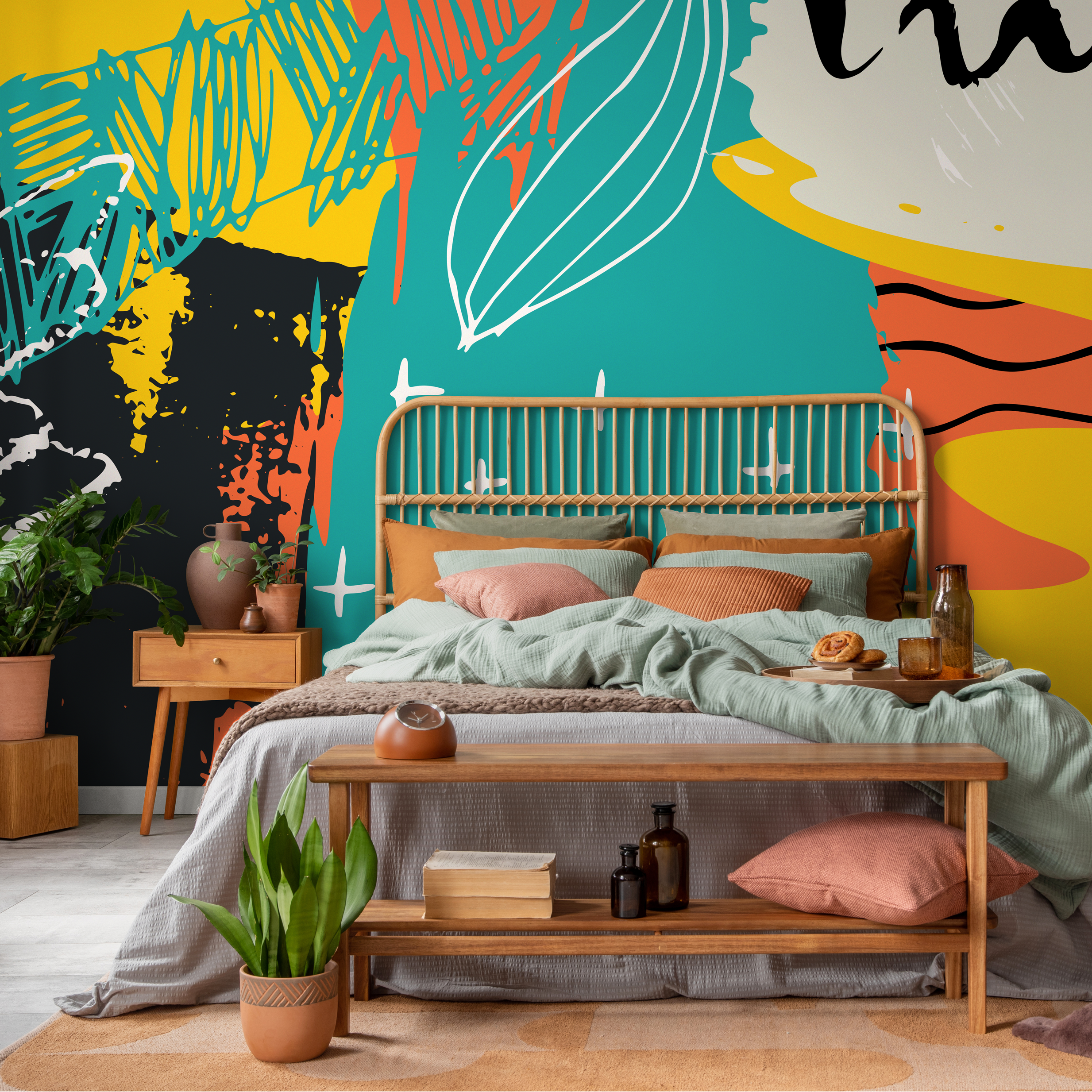 Abstract Wallpaper With Bold Shapes And Scribbles In Teal, Yellow, And Black - B309