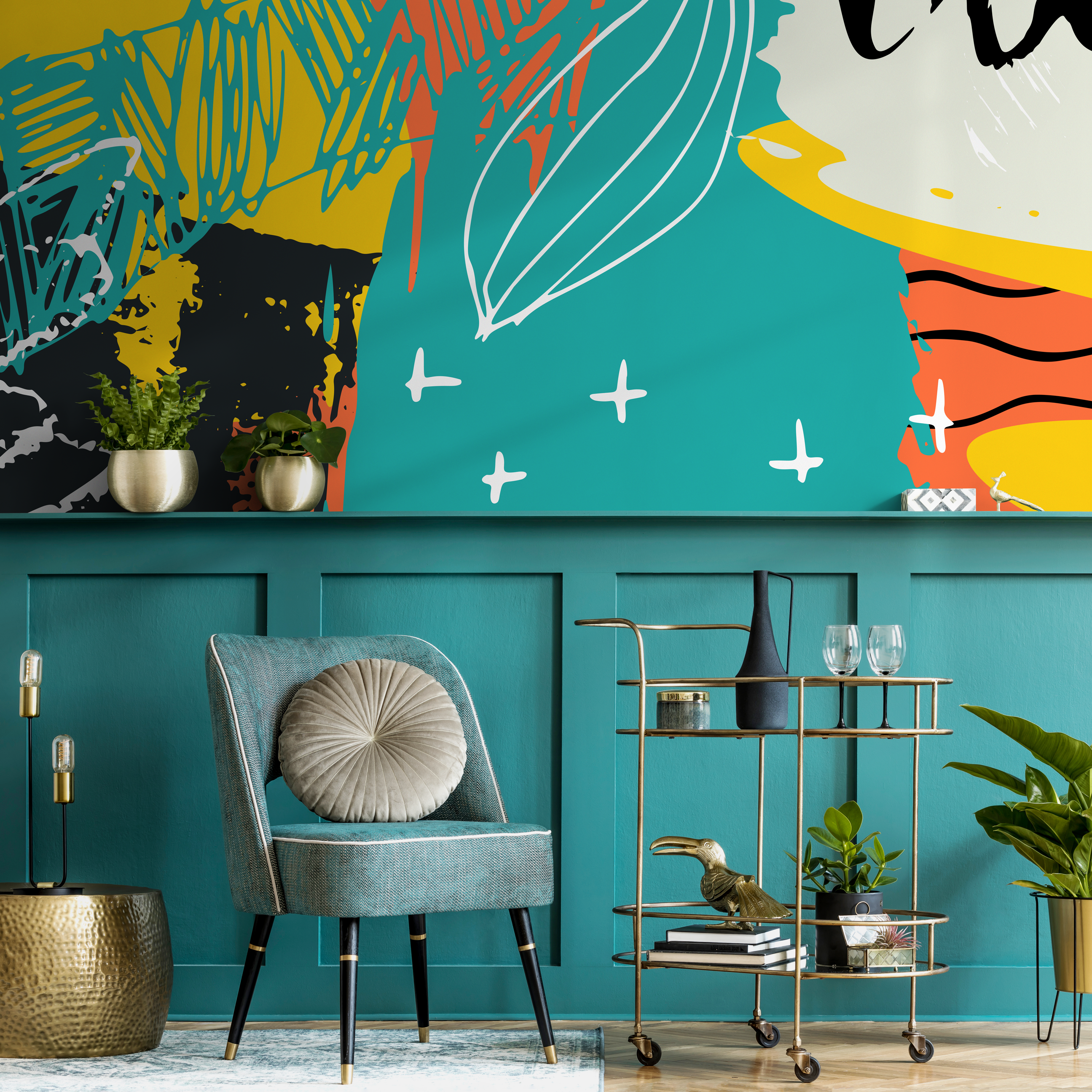 Abstract Wallpaper With Bold Shapes And Scribbles In Teal, Yellow, And Black - B309