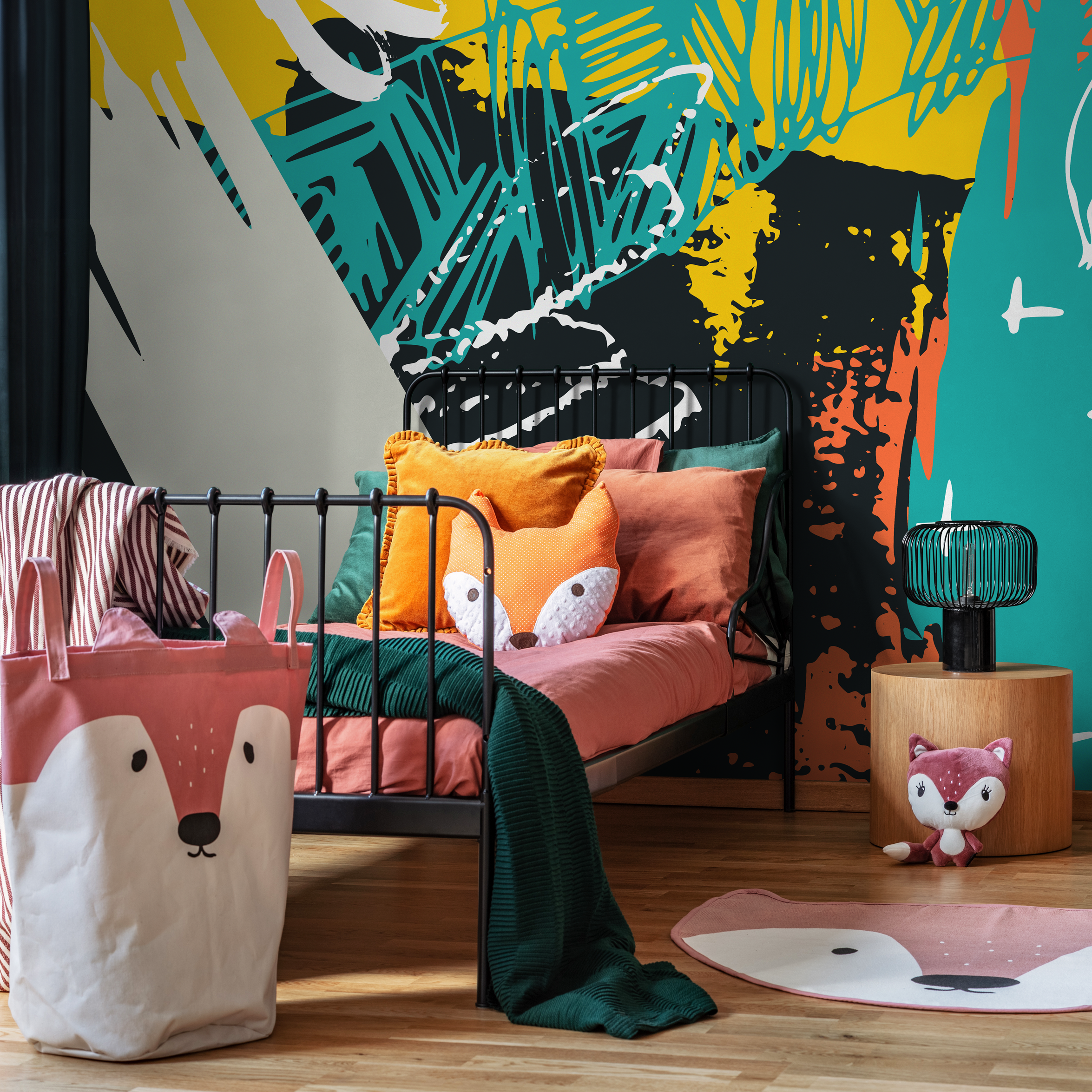 Abstract Wallpaper With Bold Shapes And Scribbles In Teal, Yellow, And Black - B309