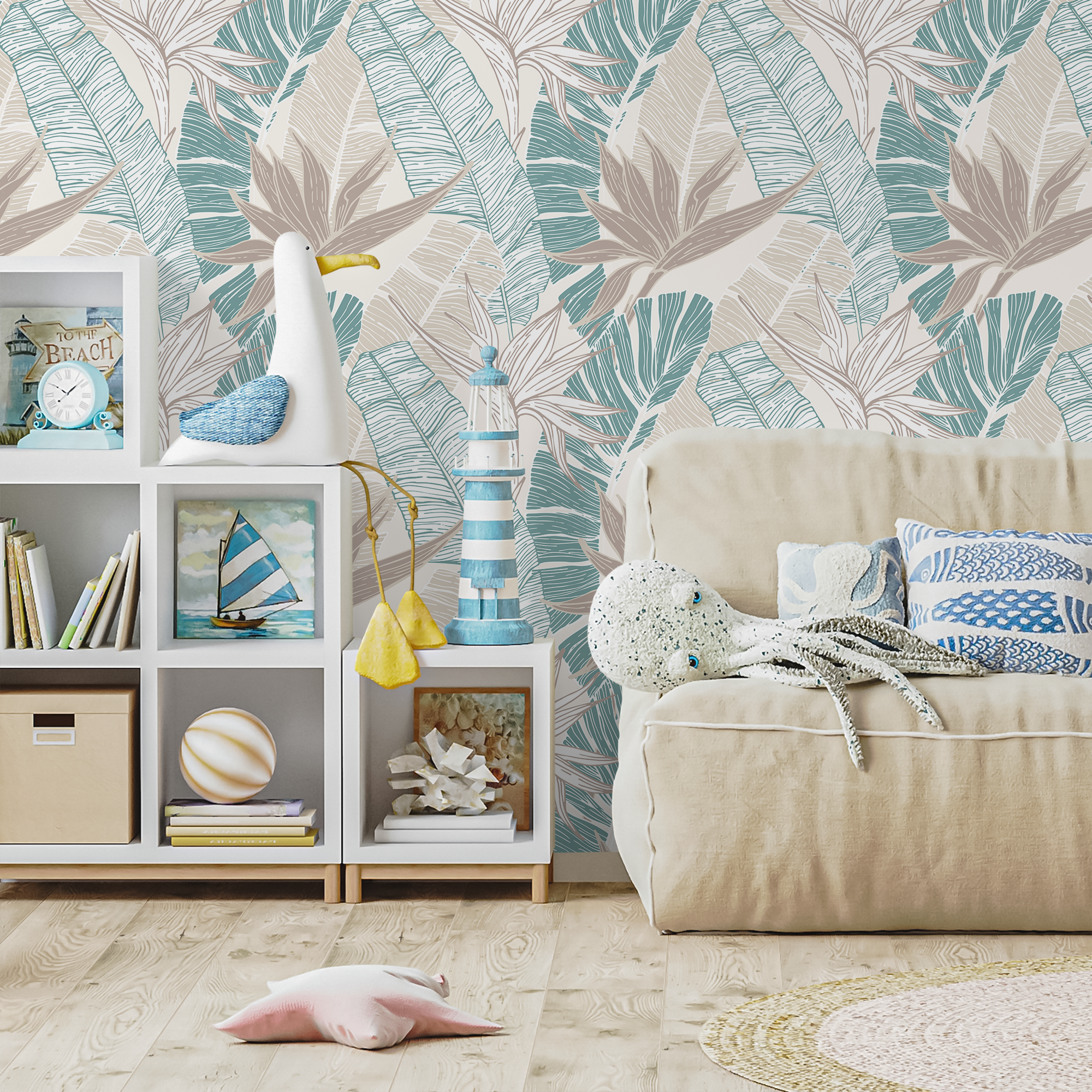 Tropical Wallpaper With Birds Of Paradise In Teal And Beige - B314