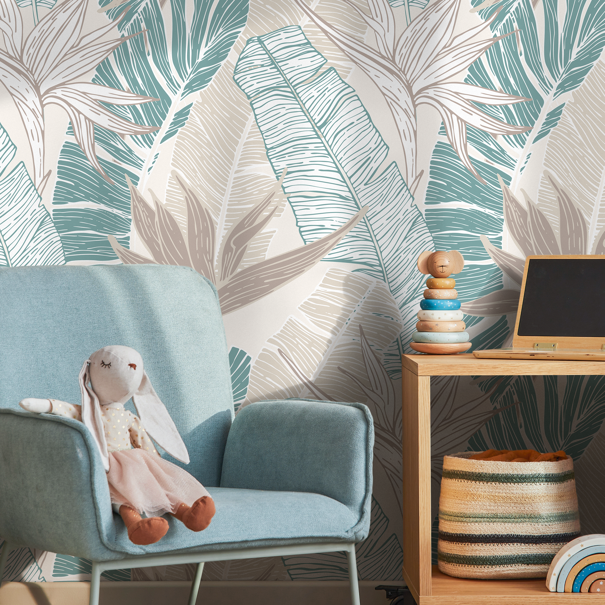 Tropical Wallpaper With Birds Of Paradise In Teal And Beige - B314