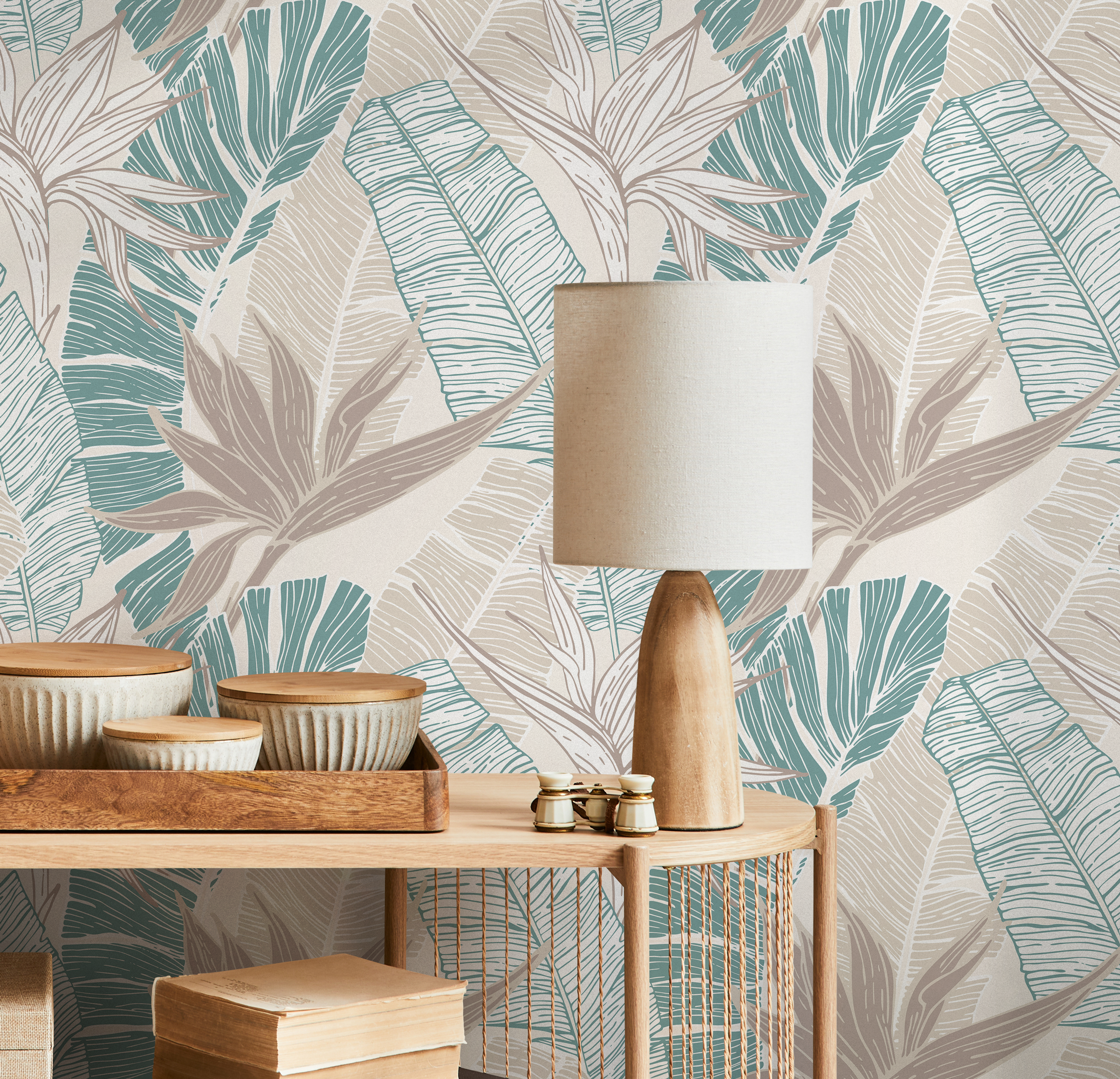 Tropical Wallpaper With Birds Of Paradise In Teal And Beige - B314