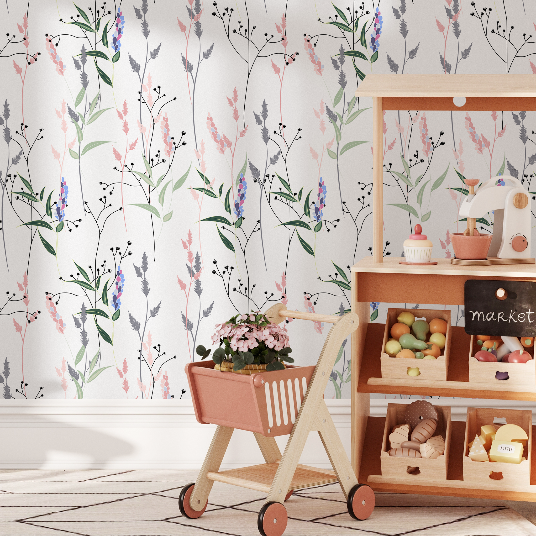Botanical Wallpaper With A Delicate Wildflower Motif In Pink, Purple, And Green - B315