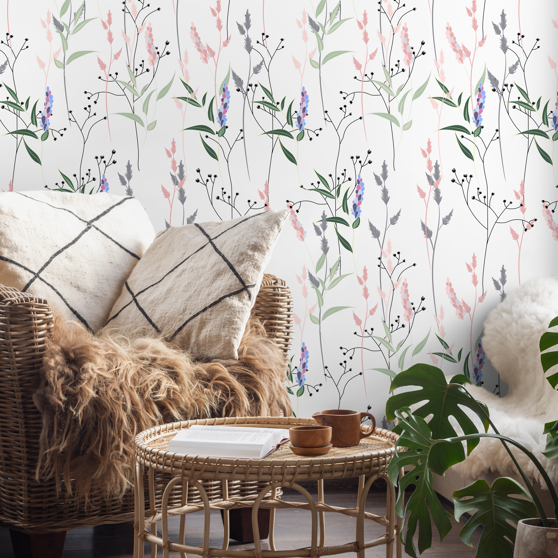 Botanical Wallpaper With A Delicate Wildflower Motif In Pink, Purple, And Green - B315