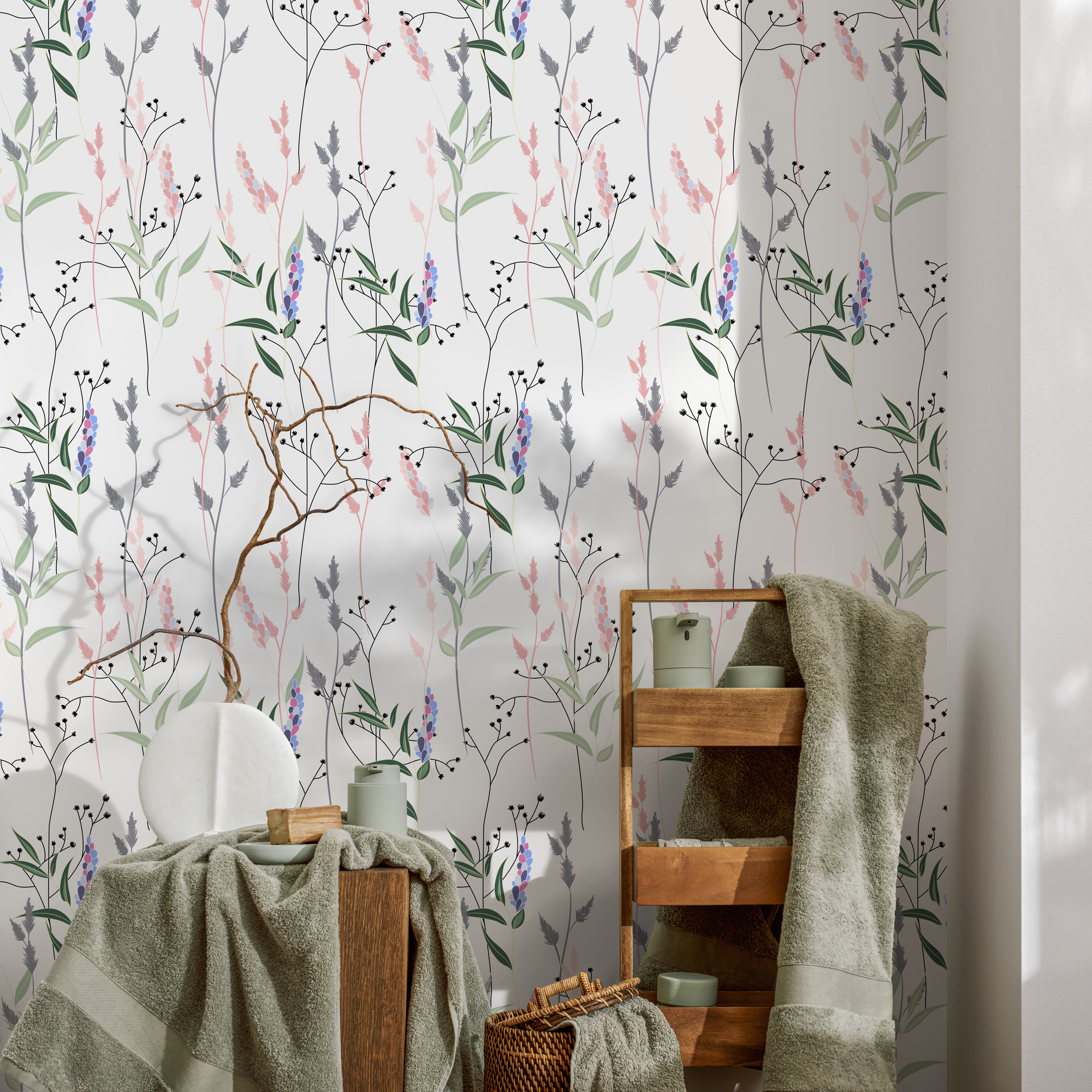 Botanical Wallpaper With A Delicate Wildflower Motif In Pink, Purple, And Green - B315
