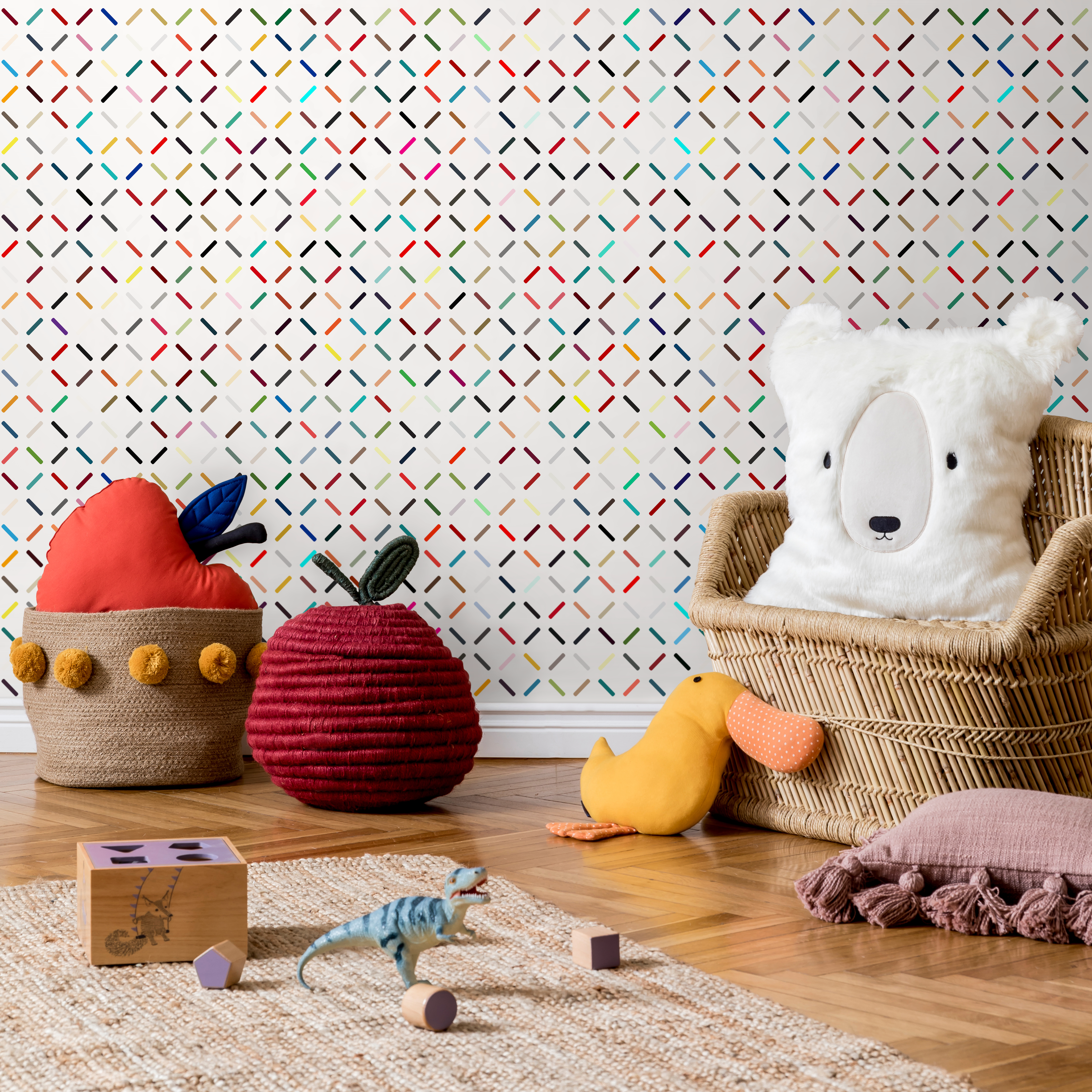 Geometric Wallpaper With A Dashed Line Grid In Red, Blue, And Black - B317