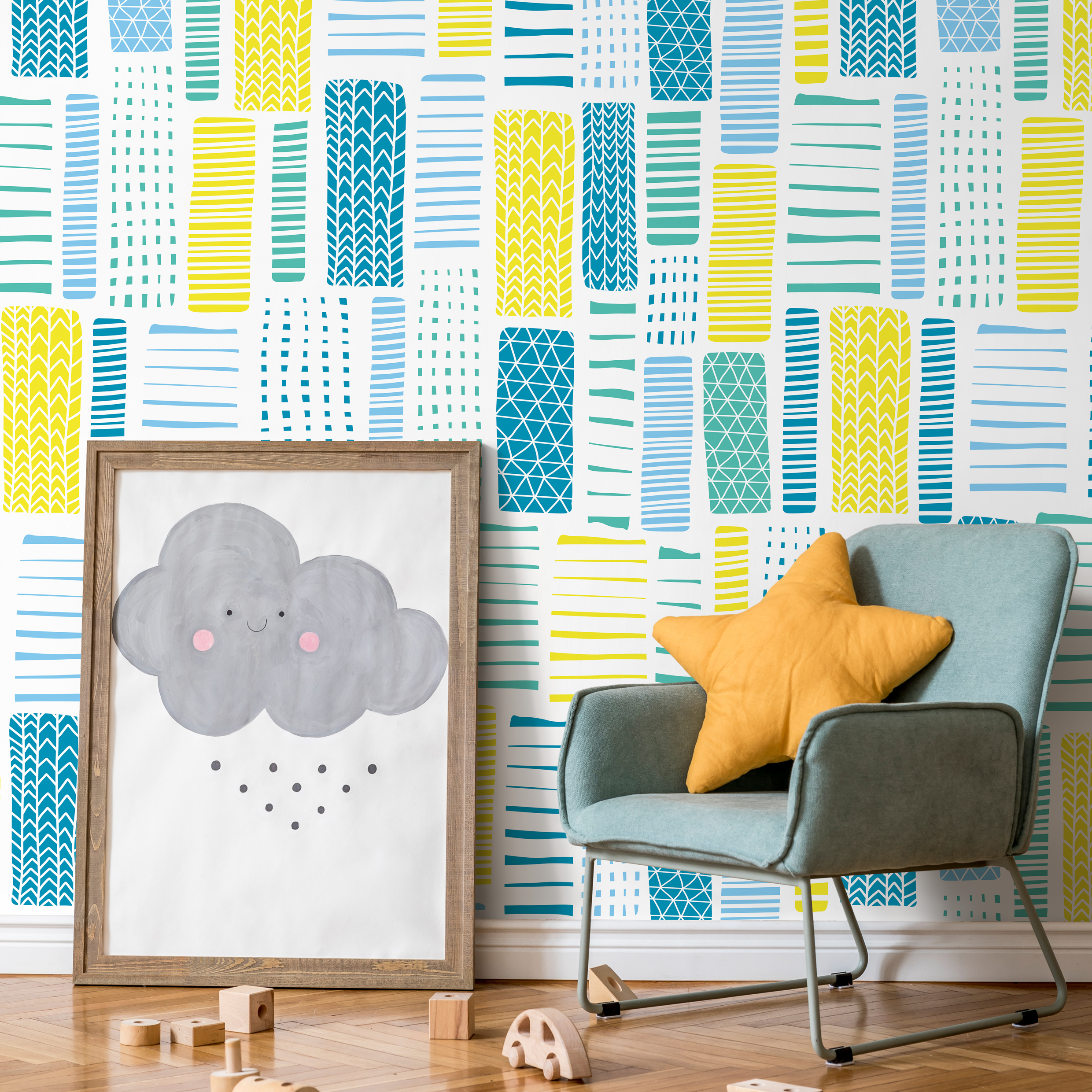 Abstract Wallpaper With Hand-drawn Blocks In Yellow And Blue - B318