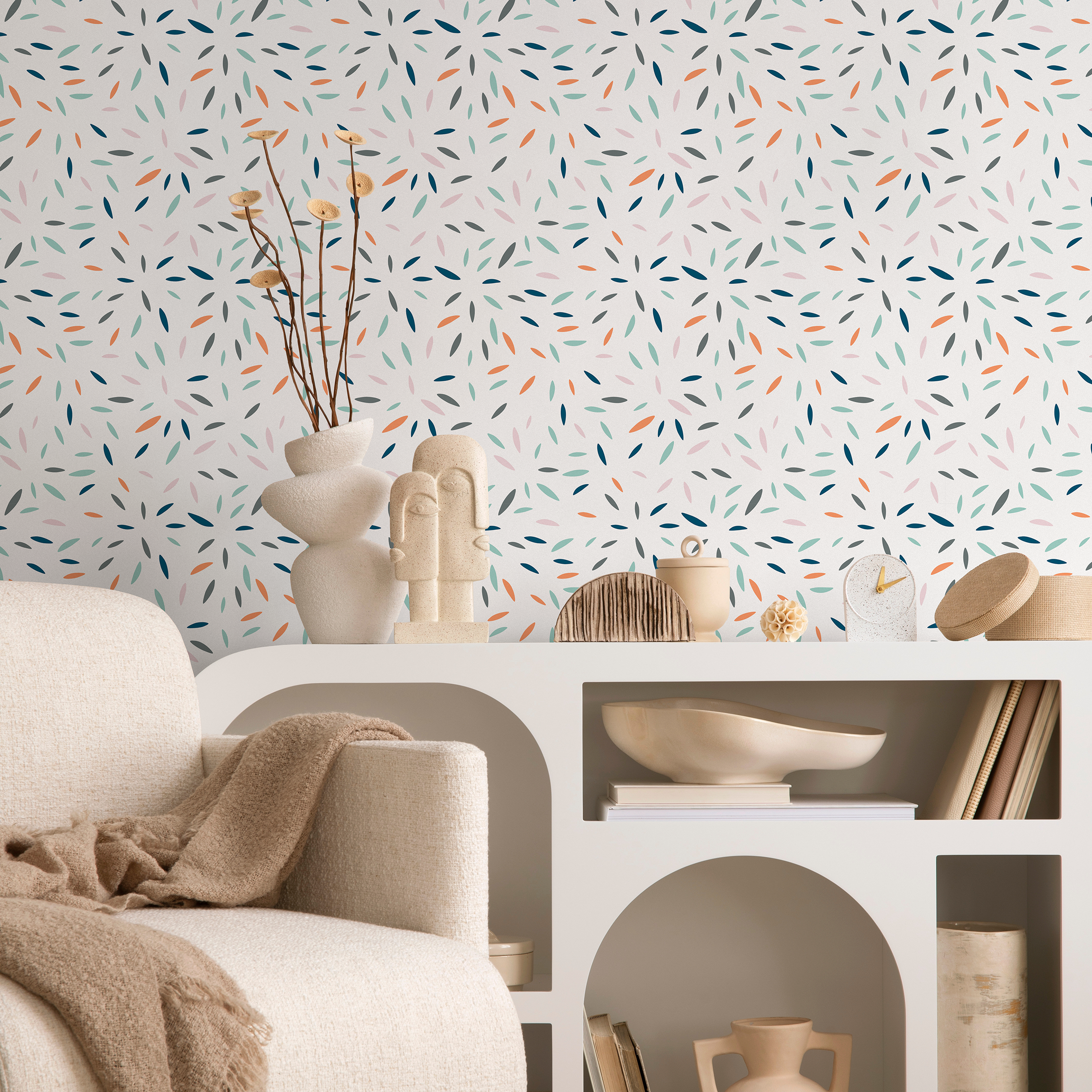 Abstract Wallpaper With A Scattered Petal Motif In Blue, Orange, And Teal - B325