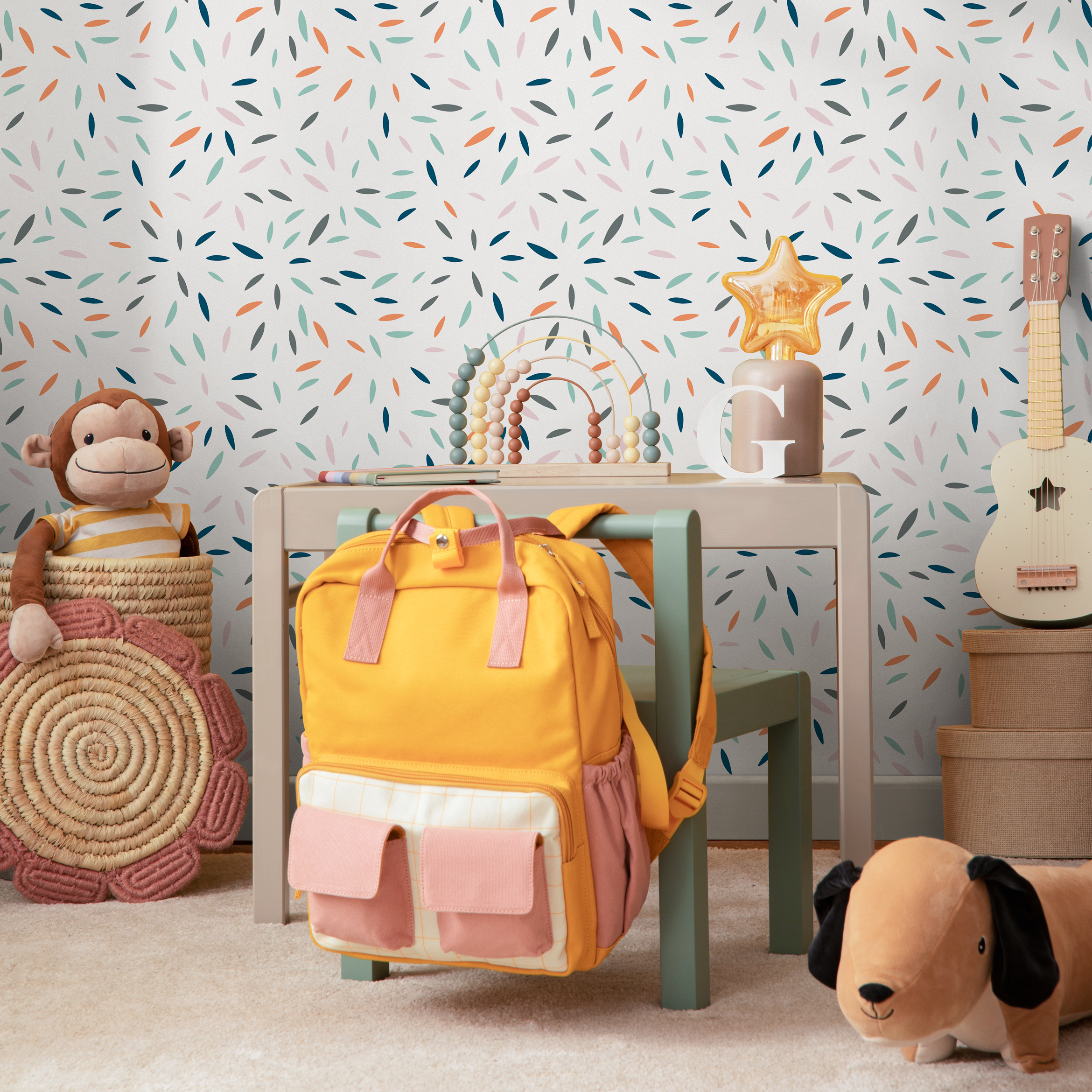 Abstract Wallpaper With A Scattered Petal Motif In Blue, Orange, And Teal - B325