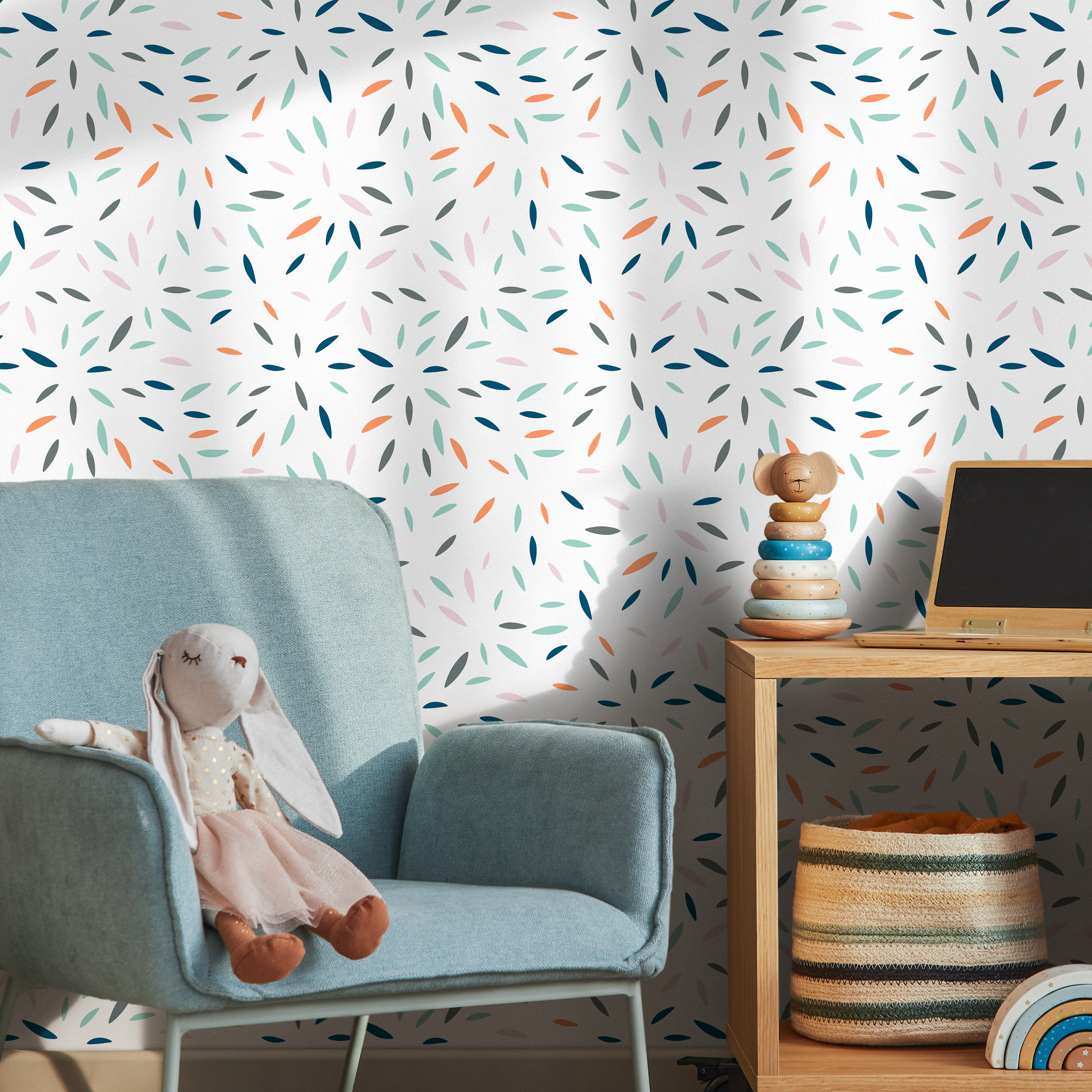 Abstract Wallpaper With A Scattered Petal Motif In Blue, Orange, And Teal - B325