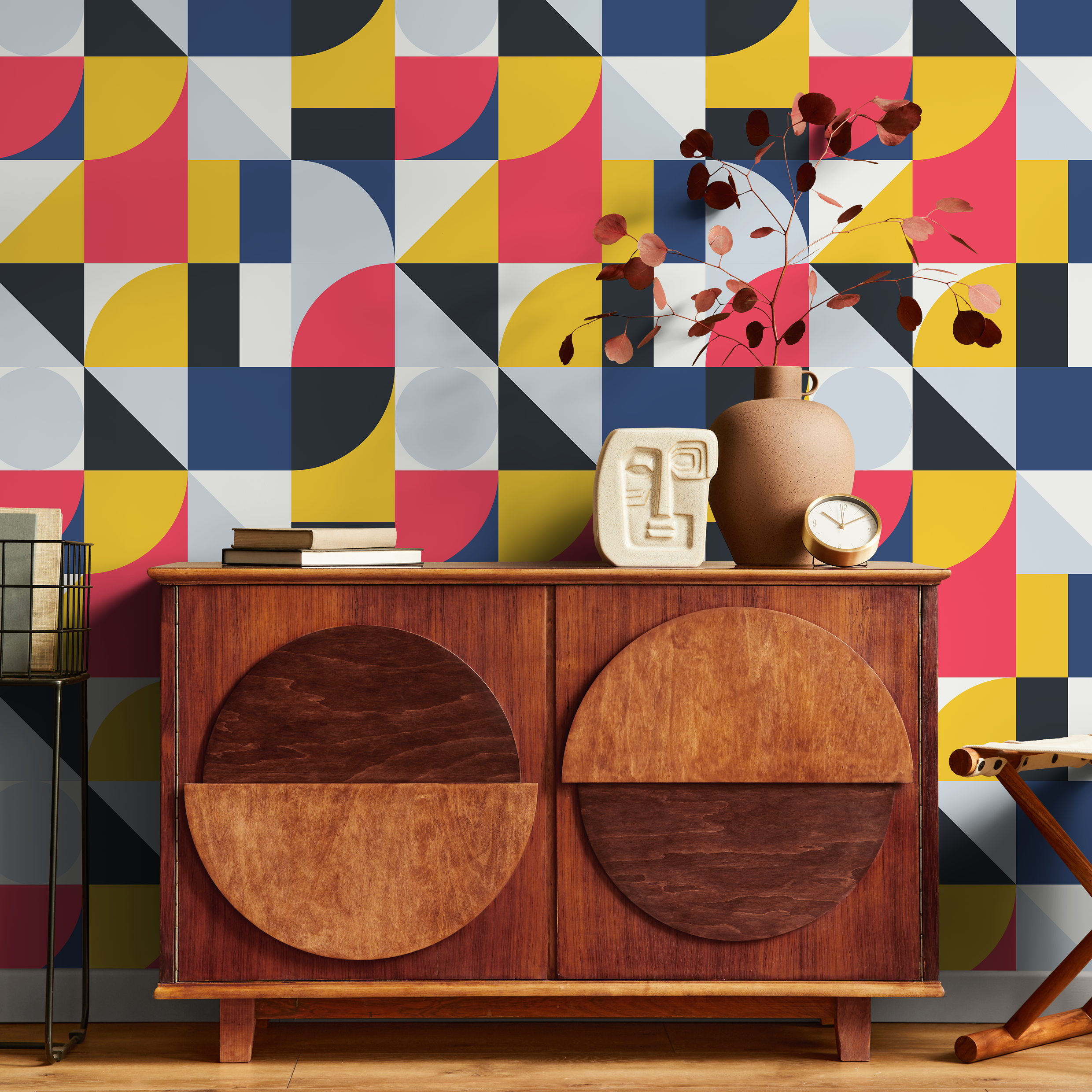 Geometric Wallpaper With A Modern Block Pattern In Pink, Yellow, And Blue - B329