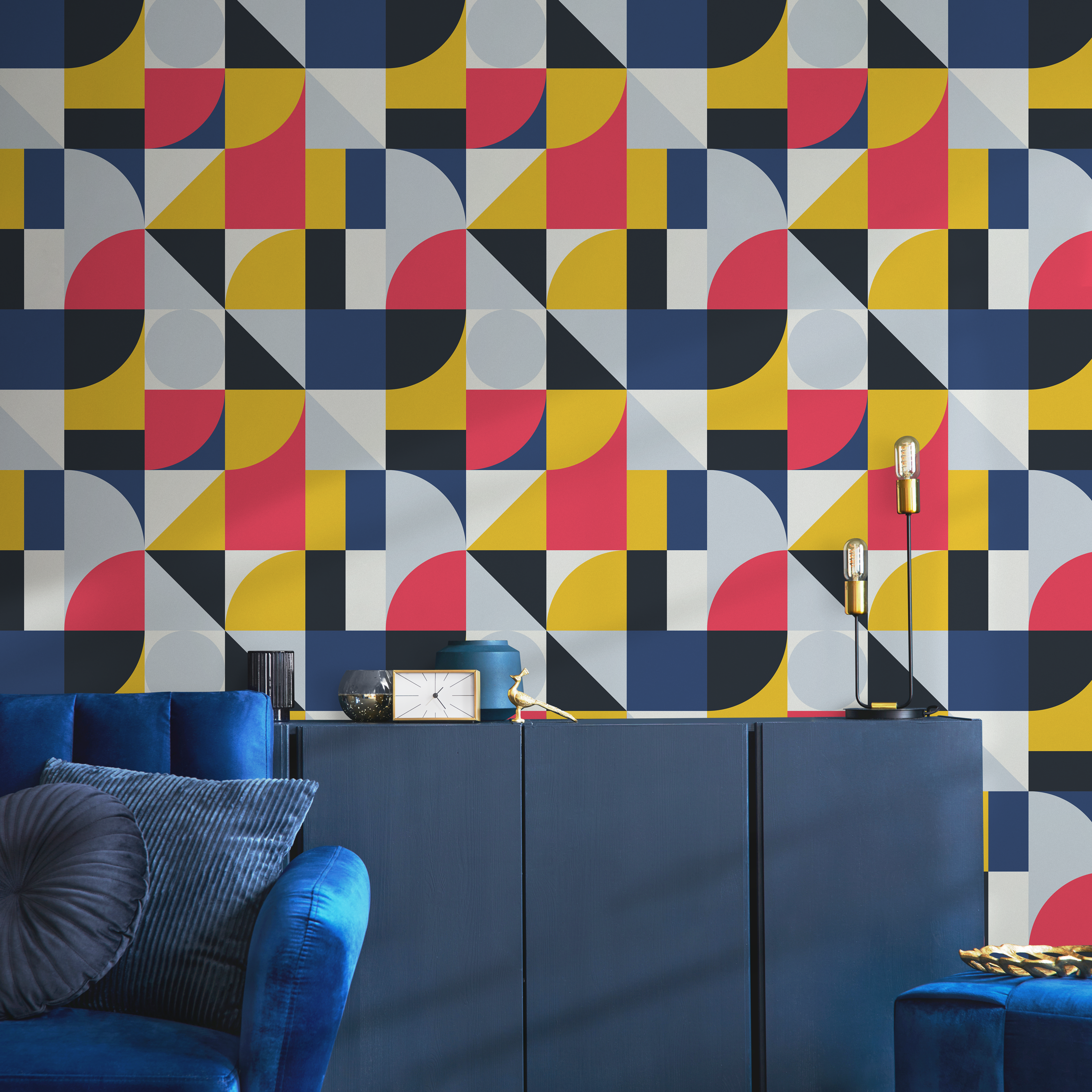 Geometric Wallpaper With A Modern Block Pattern In Pink, Yellow, And Blue - B329