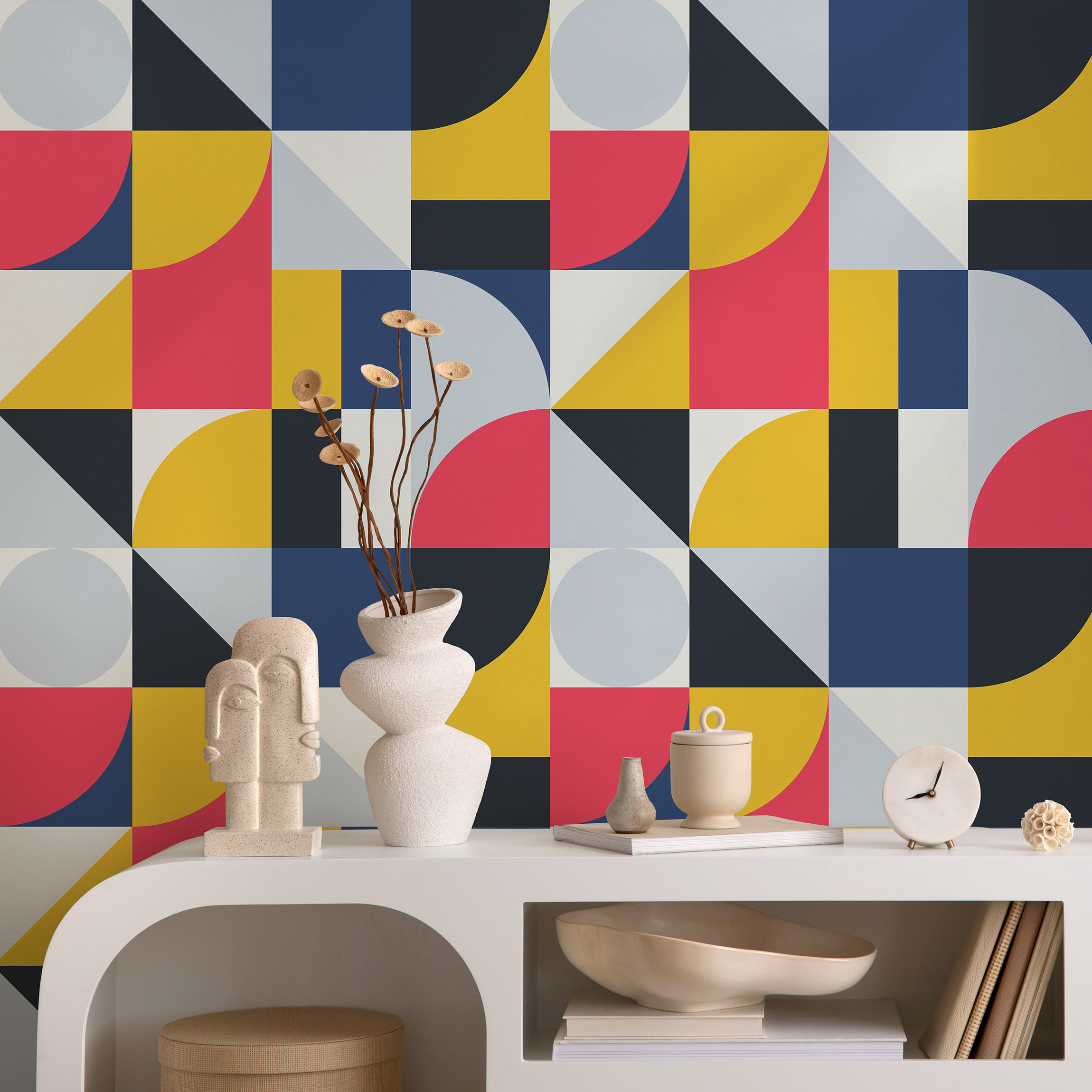 Geometric Wallpaper With A Modern Block Pattern In Pink, Yellow, And Blue - B329