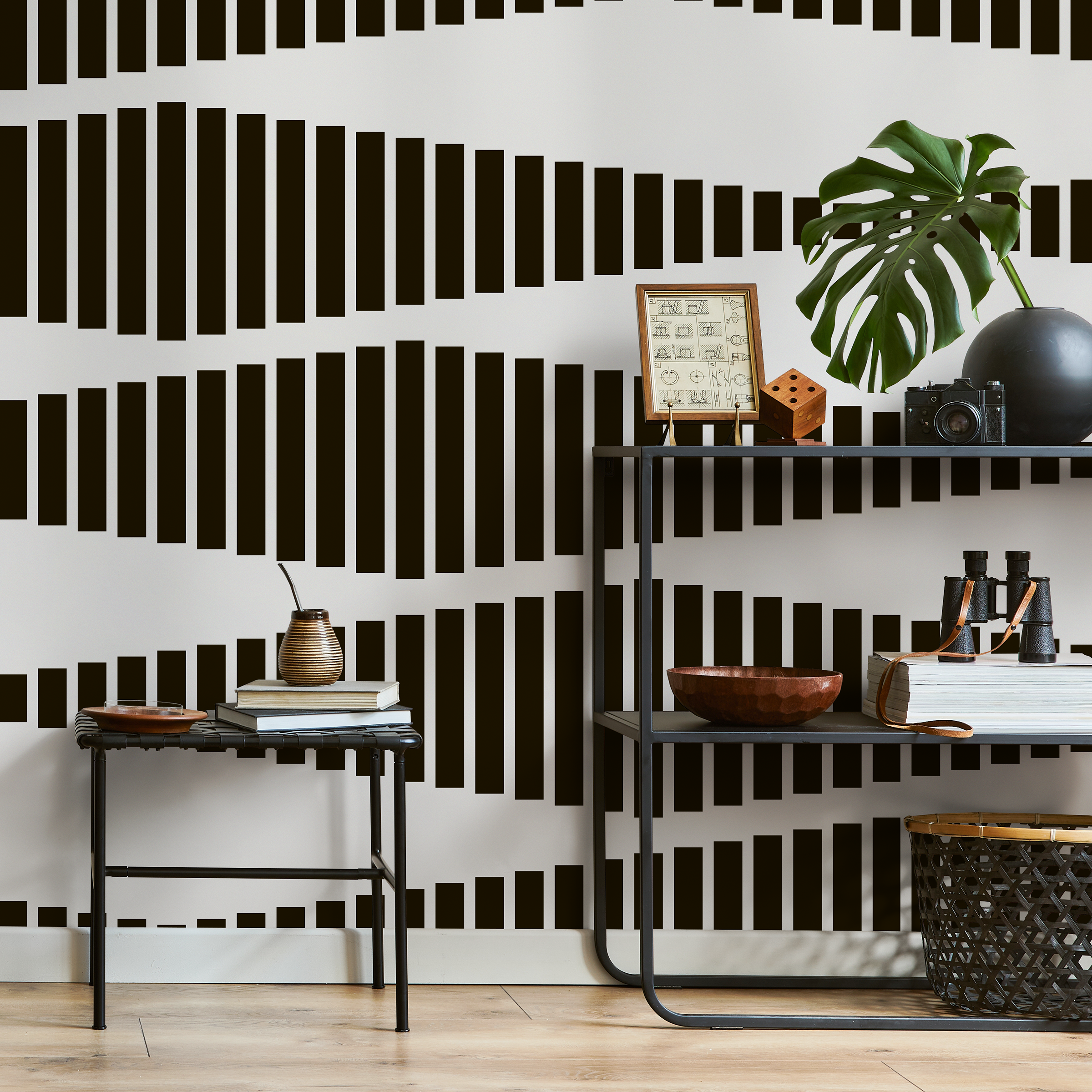 Geometric Wallpaper With Wavy Vertical Lines In Black And White - B339