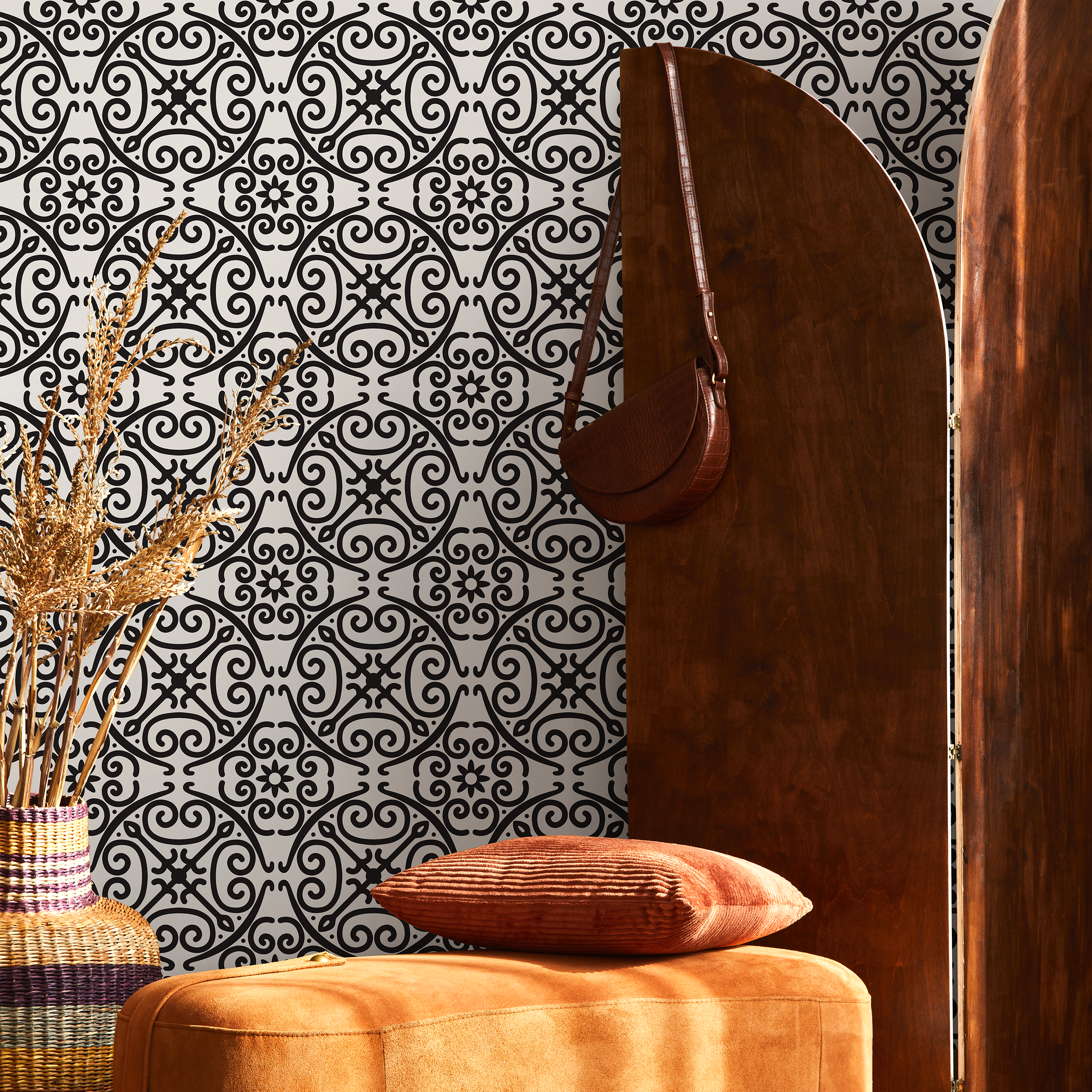 Geometric Wallpaper With An Intricate Scrollwork Motif In Black And White - B340