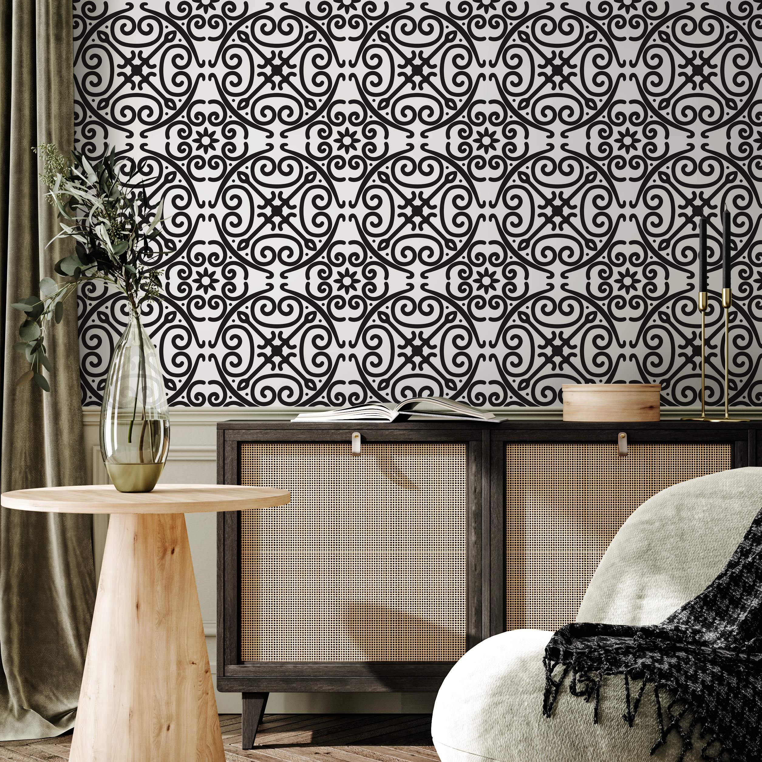 Geometric Wallpaper With An Intricate Scrollwork Motif In Black And White - B340