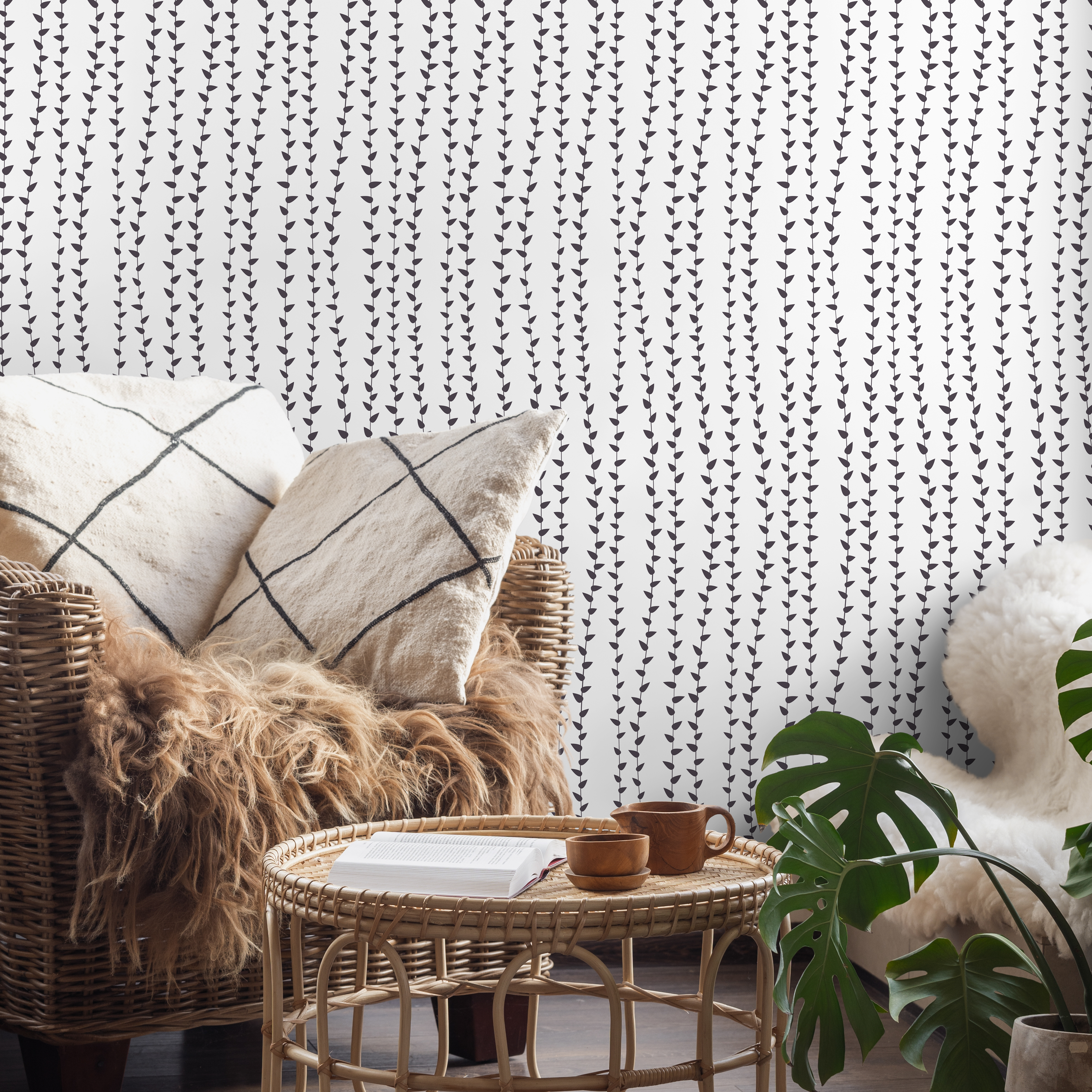 Botanical Wallpaper Featuring Delicate Trailing Vines In Gray - B341