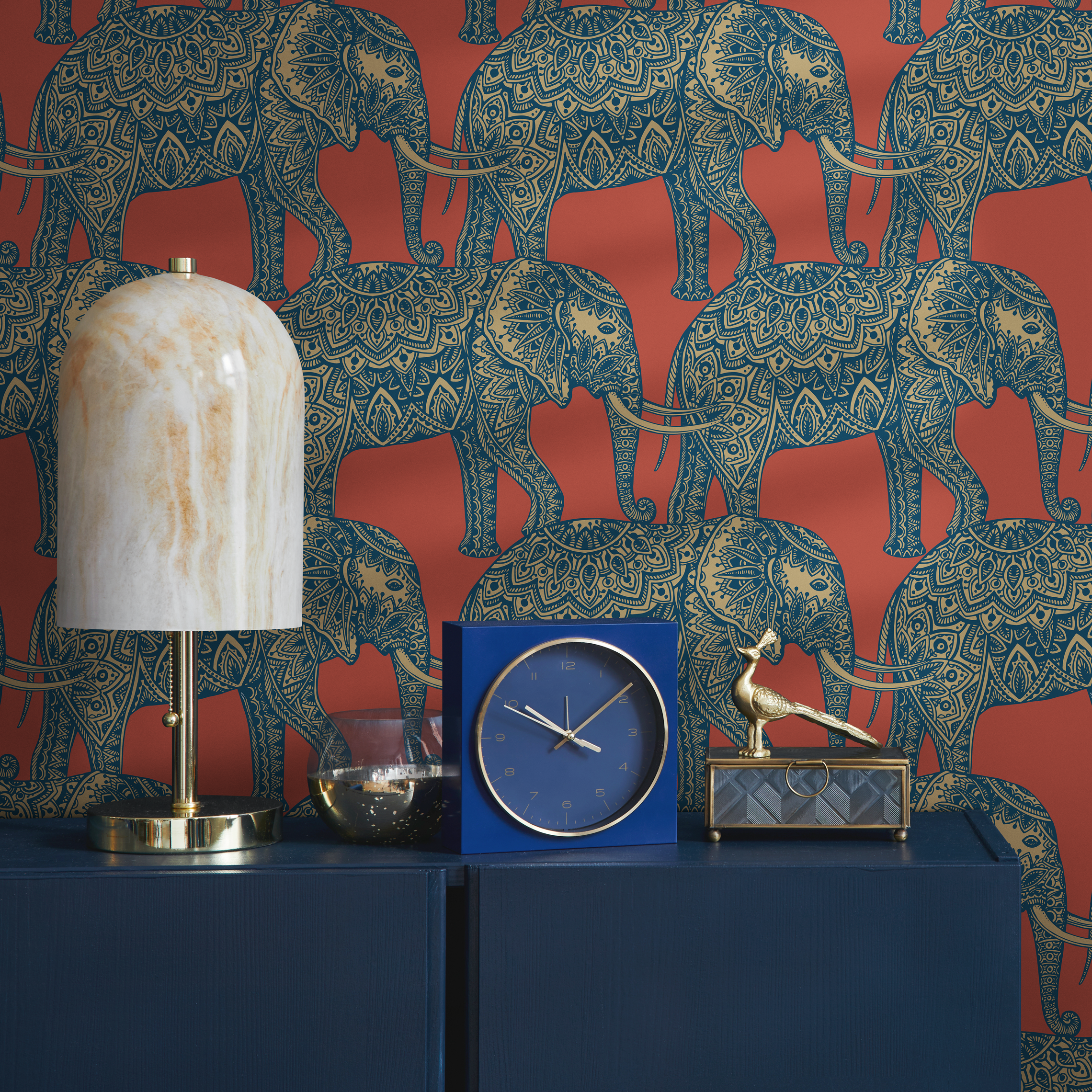 Animal Wallpaper Featuring Ornate Elephants In Red, Blue, And Gold - B347