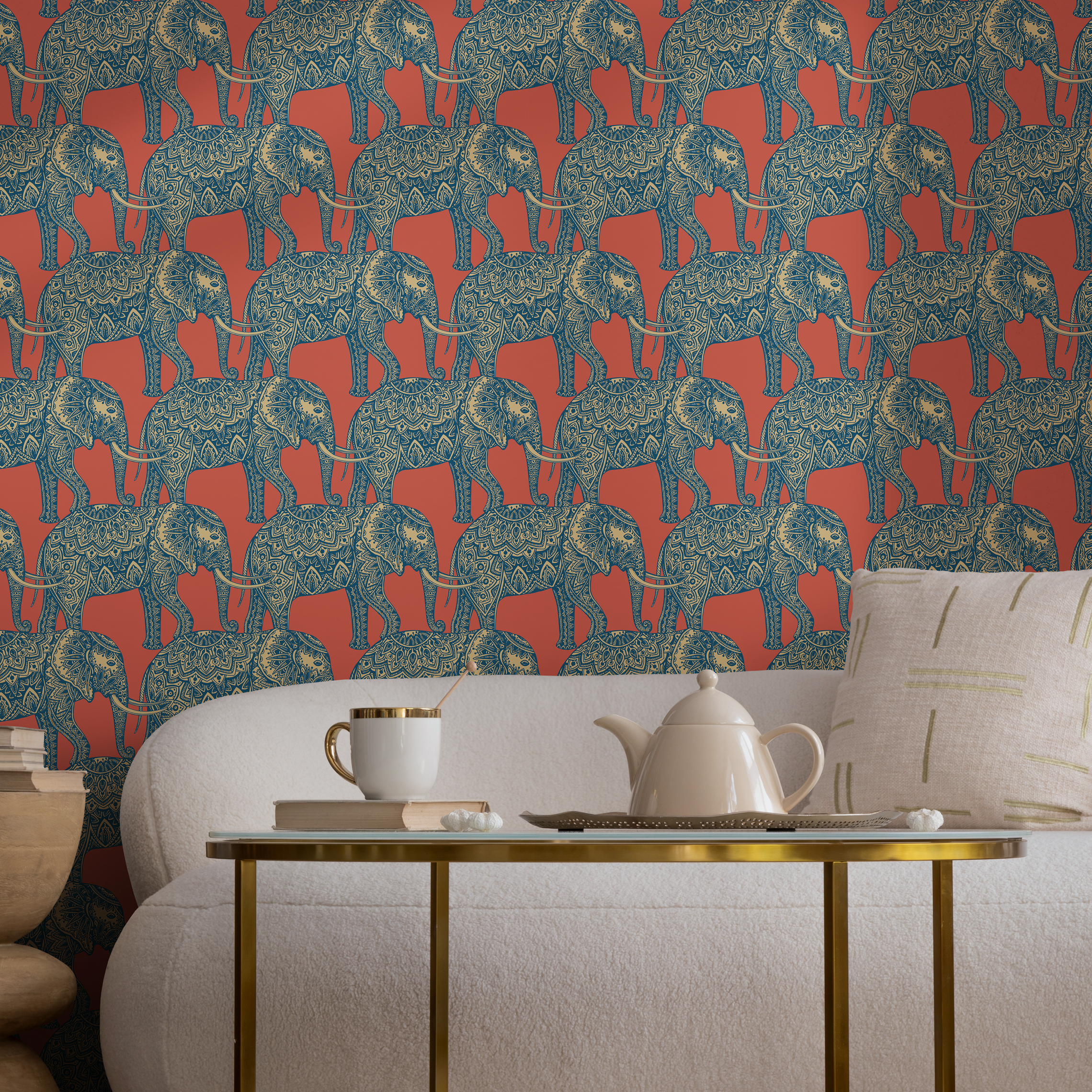 Animal Wallpaper Featuring Ornate Elephants In Red, Blue, And Gold - B347