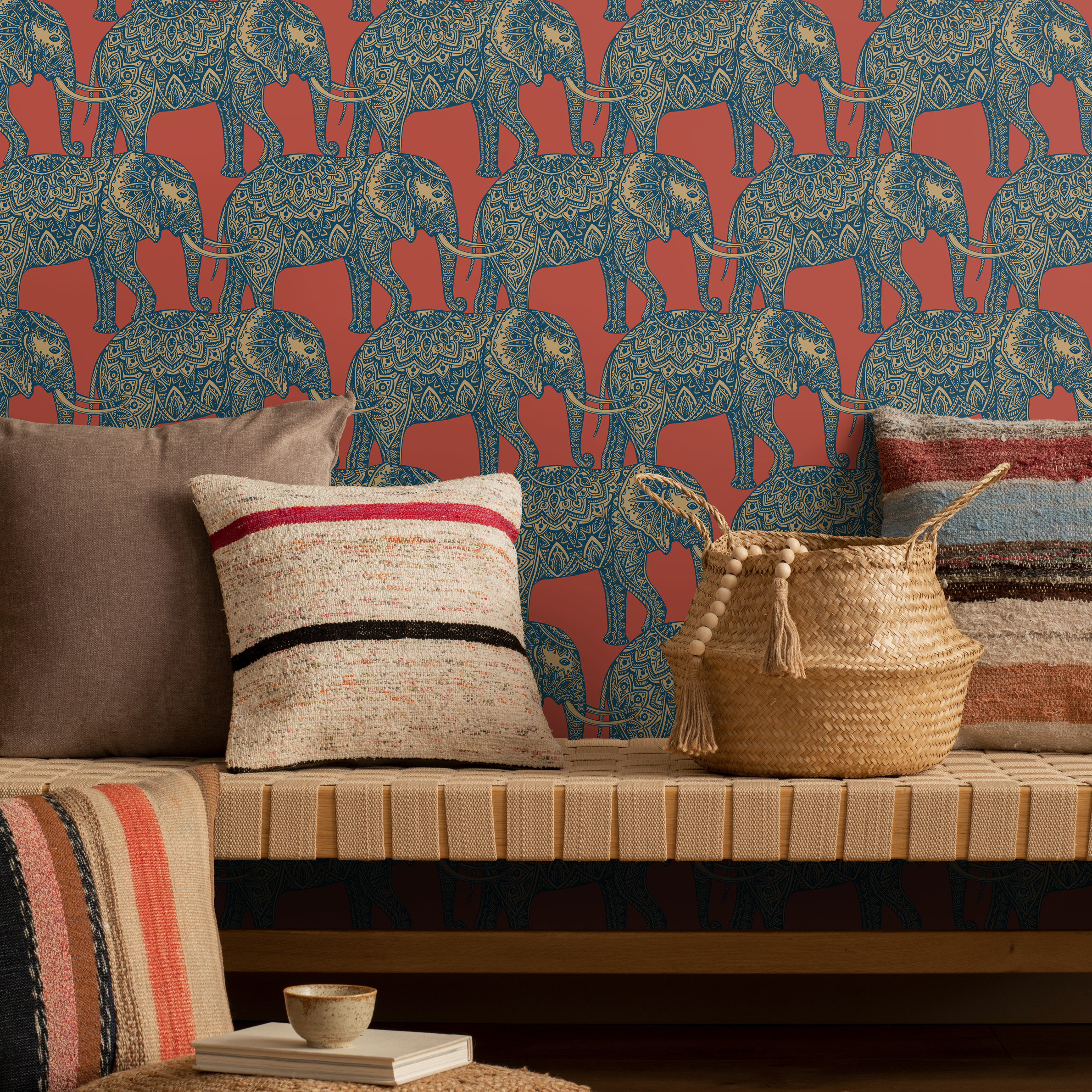 Animal Wallpaper Featuring Ornate Elephants In Red, Blue, And Gold - B347