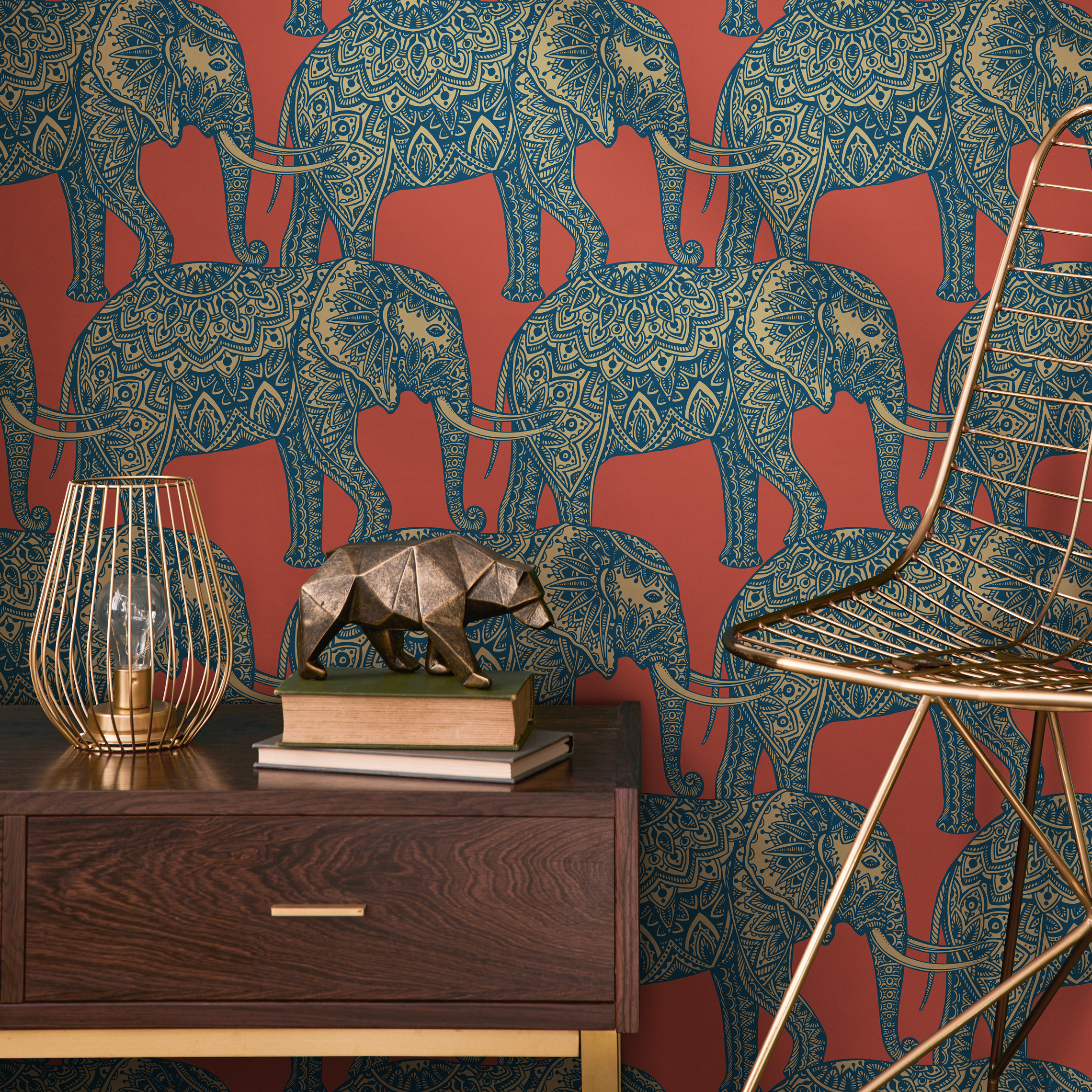 Animal Wallpaper Featuring Ornate Elephants In Red, Blue, And Gold - B347
