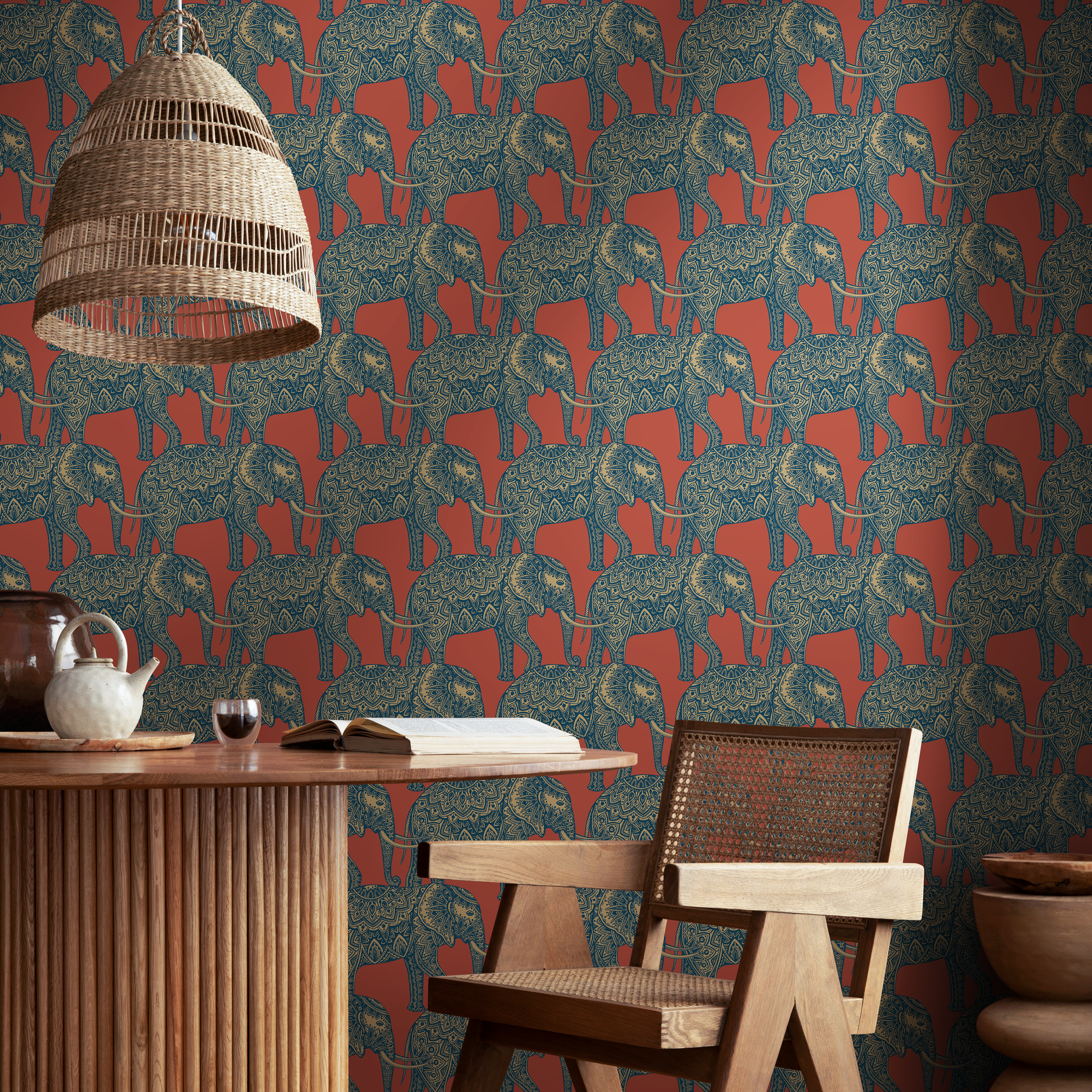 Animal Wallpaper Featuring Ornate Elephants In Red, Blue, And Gold - B347