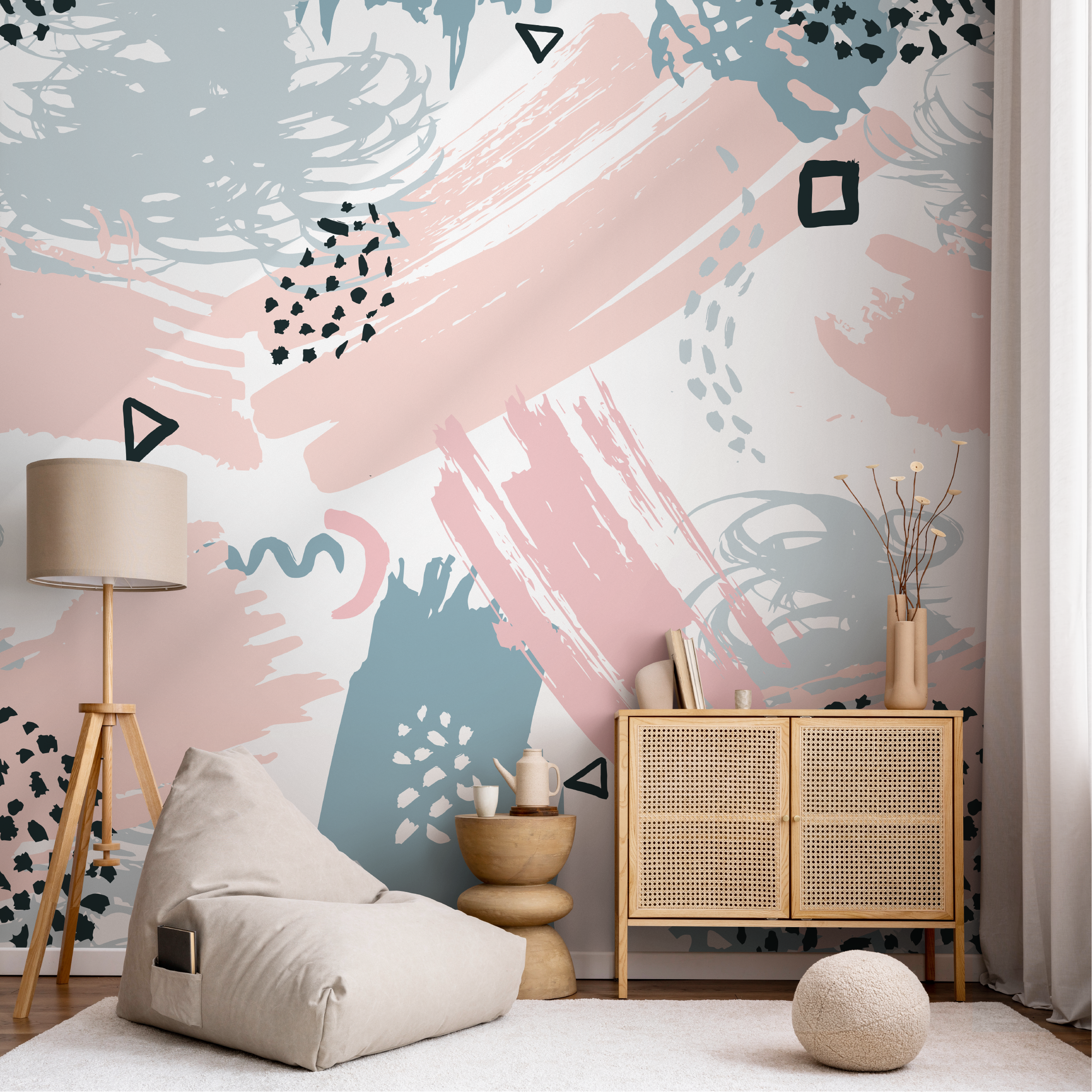 Abstract Wallpaper With Scribbles And Brush Strokes In Pink, Blue, And Black - B349